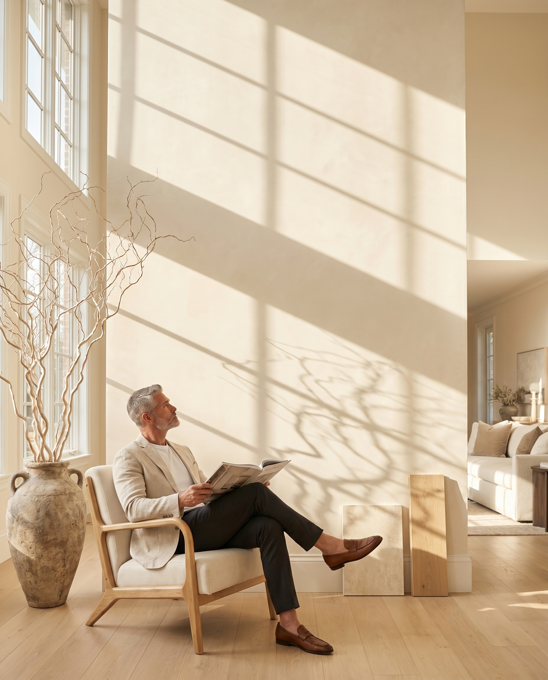 Homeowner sitting in a bright living room and looking at a blank wall while imagining a custom fireplace feature wall.