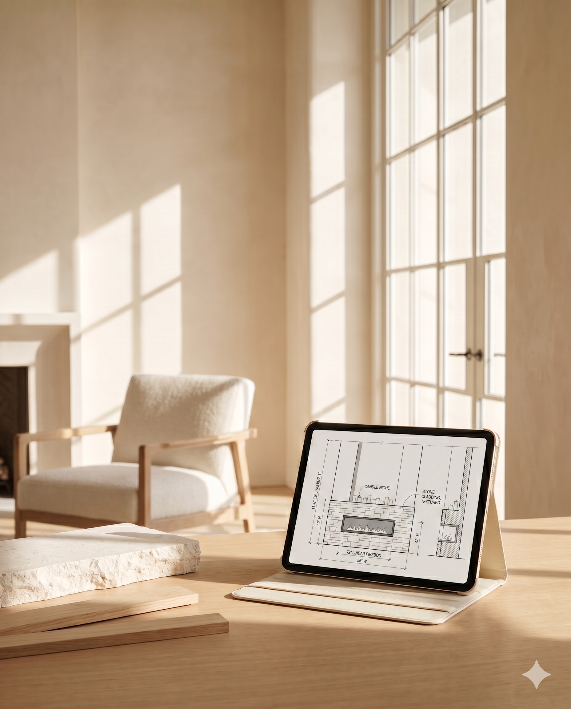 Tablet showing a custom fireplace wall sketch with materials and dimensions during the design preview stage.