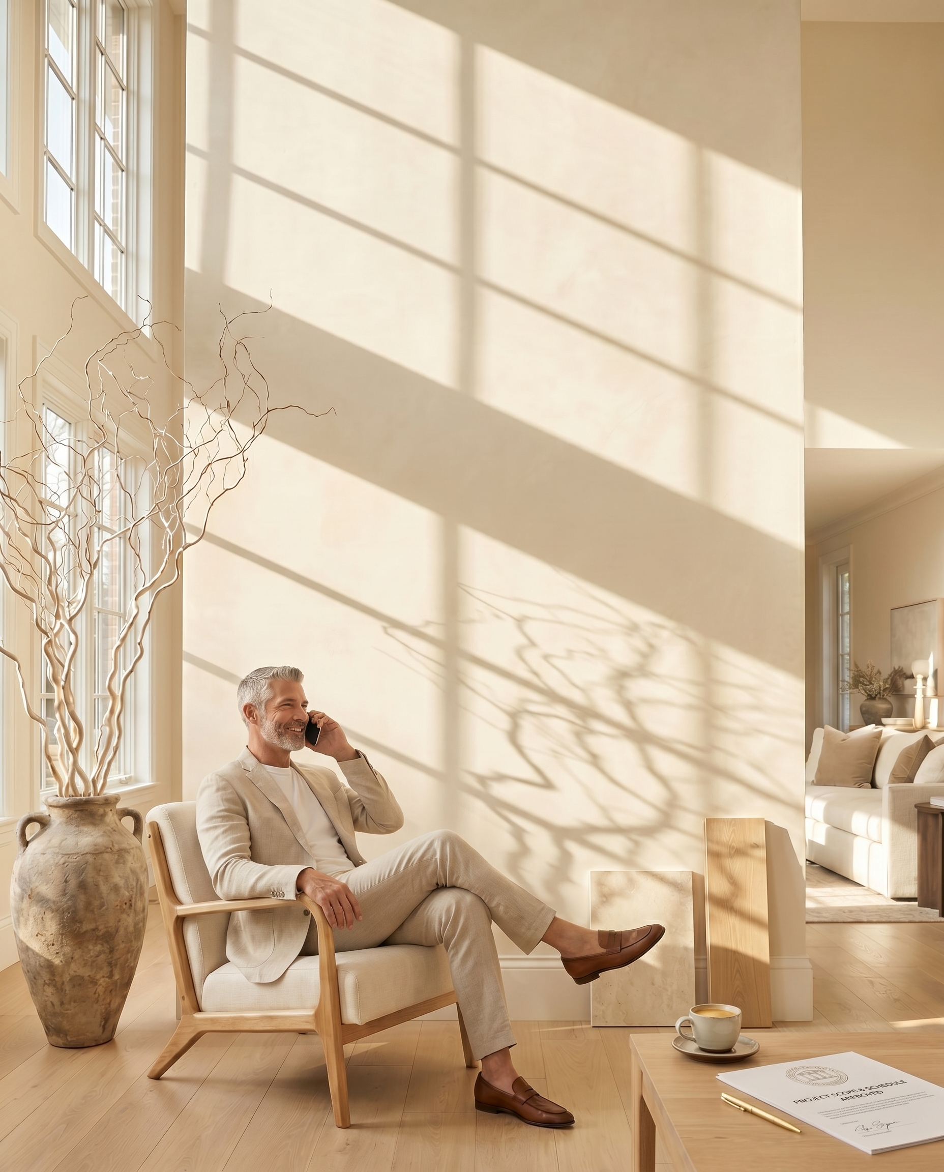 Satisfied homeowner sitting beside project paperwork after approving a custom fireplace wall design and estimate.