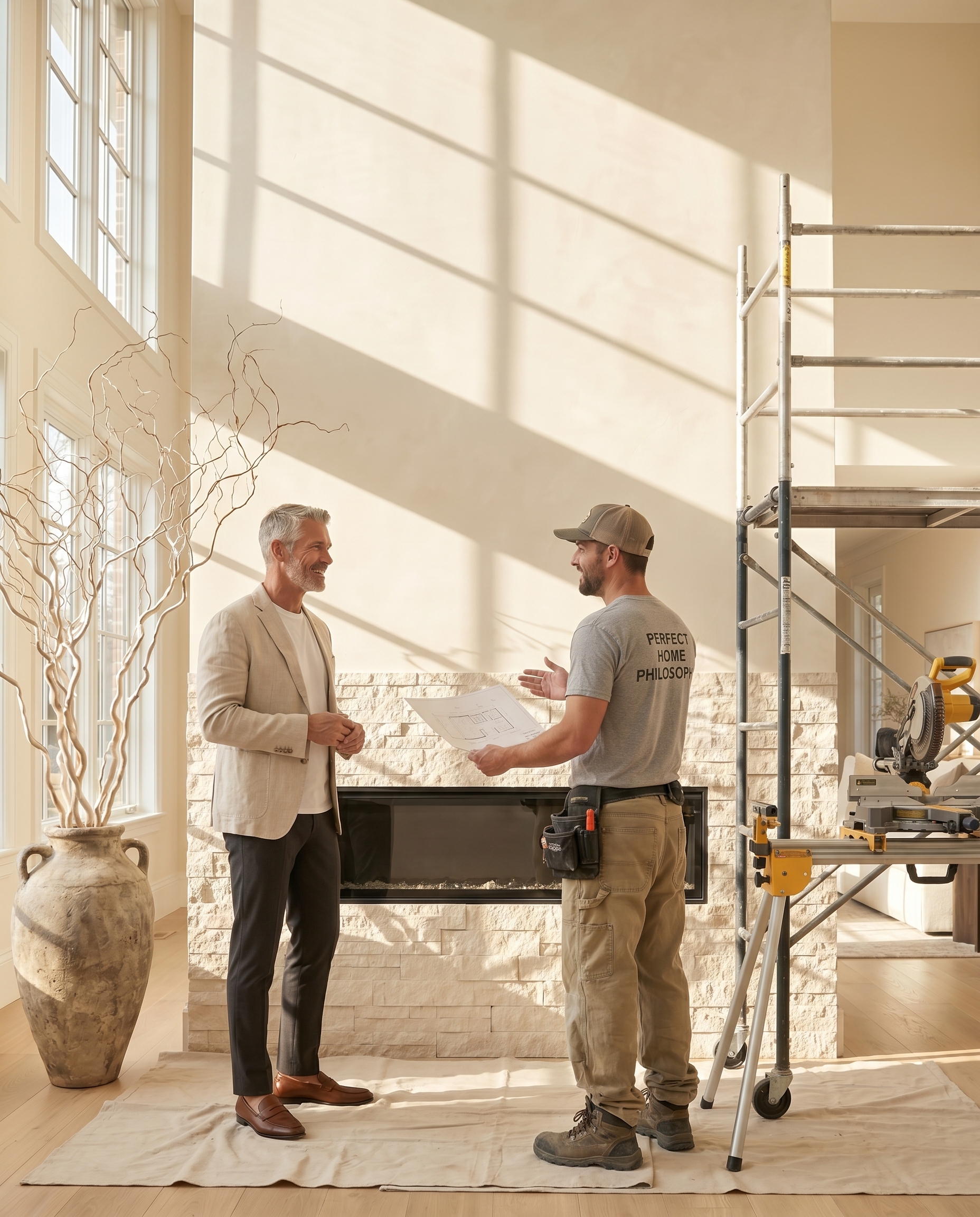 Homeowner and contractor reviewing a custom fireplace feature wall installation in progress with tools and scaffolding nearby.
