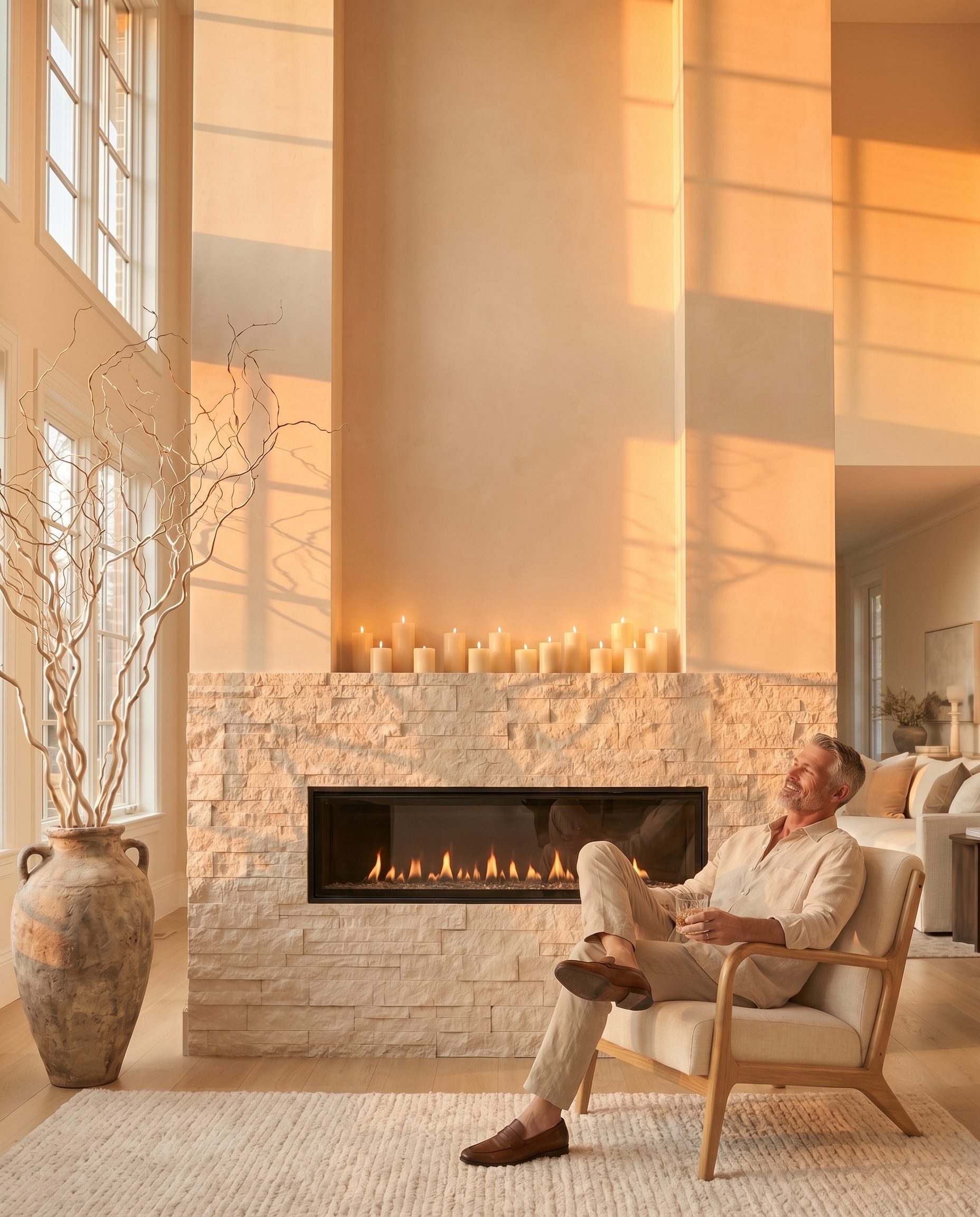 Satisfied homeowner relaxing beside a completed custom fireplace feature wall with warm firelight and candles.