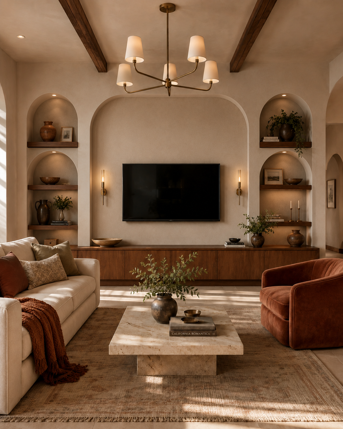 Warm living room with a centered TV wall, matching arched display niches, walnut lower cabinetry and shelves, glowing brass sconces, exposed ceiling beams, a cream sofa, rust-colored chair, and stone coffee table.