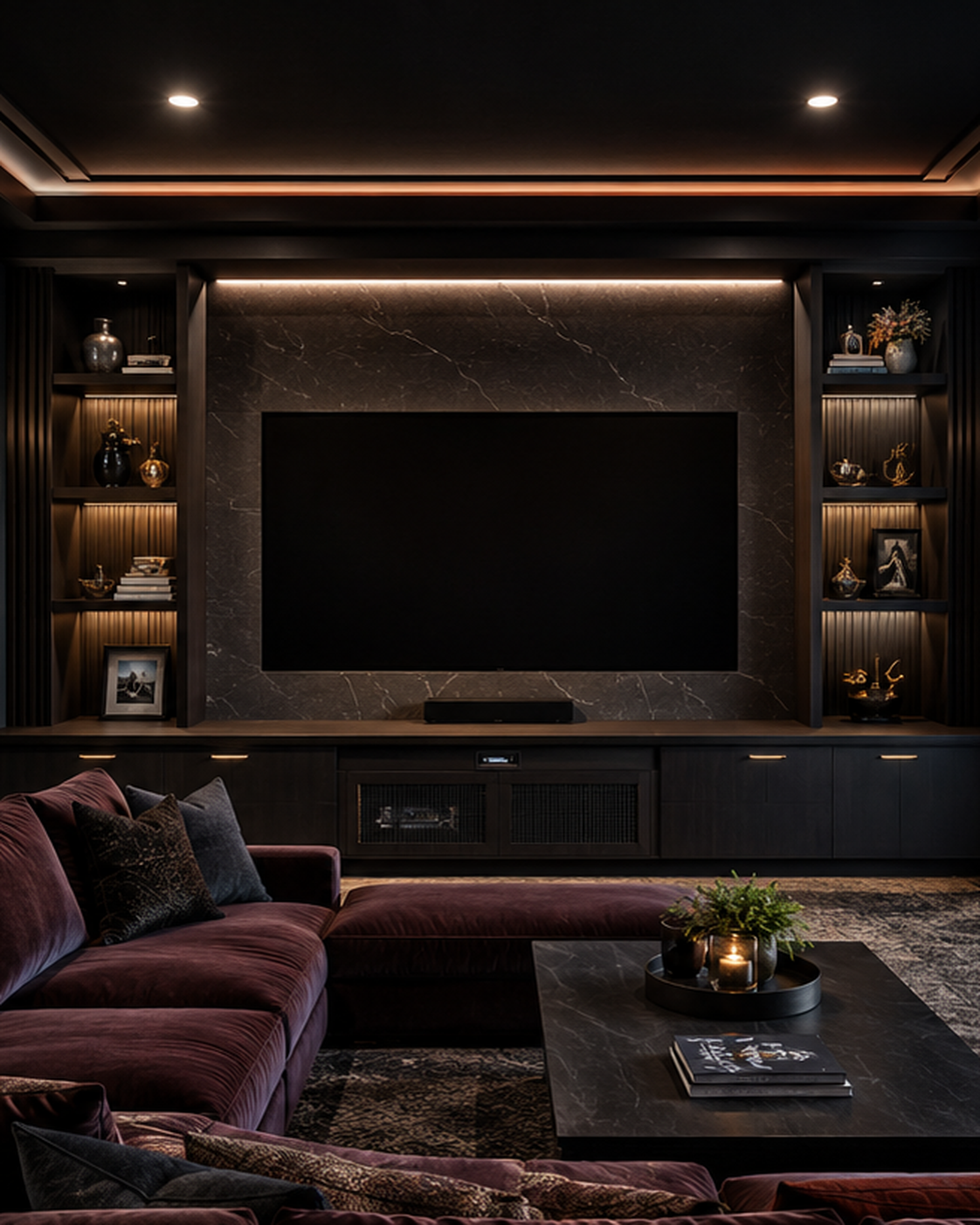 Dark cinematic media room with a large black screen, a charcoal stone-look surround, symmetrical illuminated shelving, black lower equipment cabinets, concealed lighting, and deep burgundy sectional seating.
