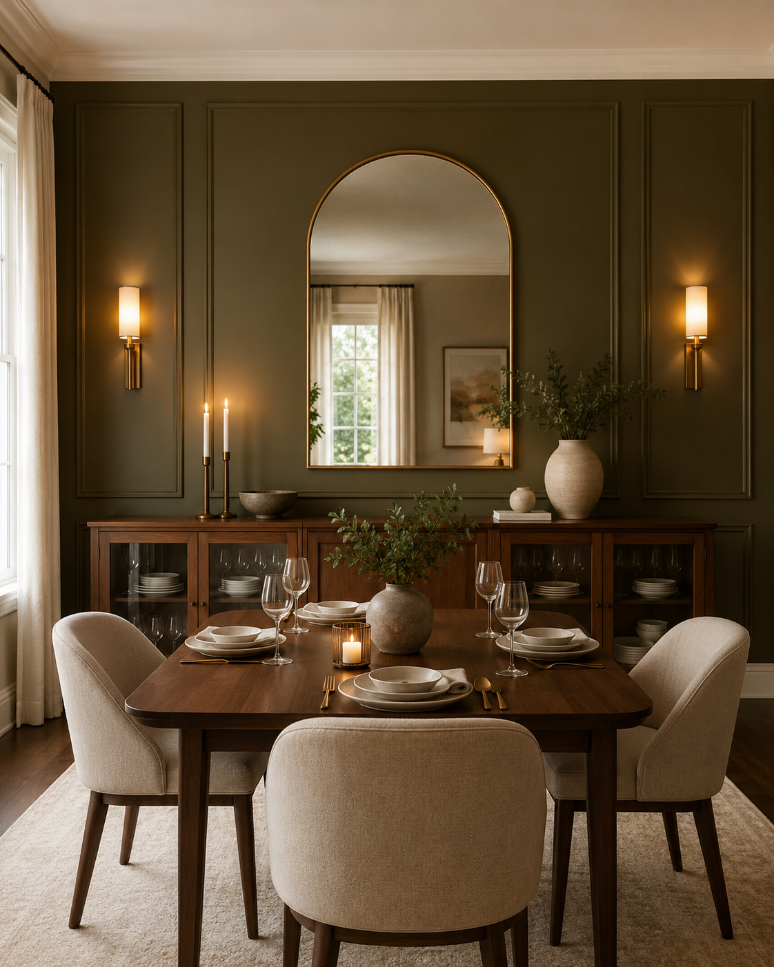 Deep olive dining room accent wall with arched mirror, warm sconces, sideboard, and table set for four.
