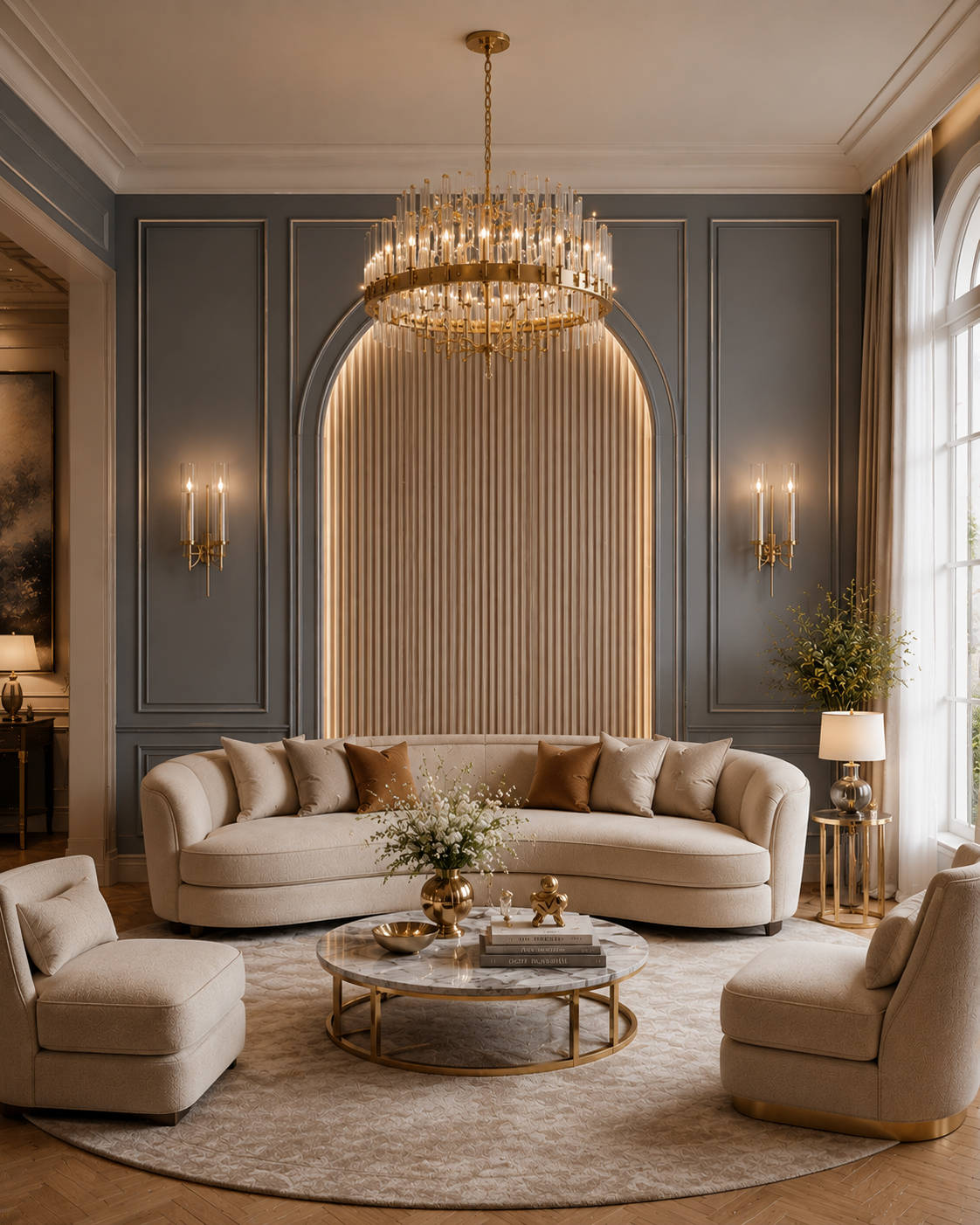Luxury living room accent wall with grey paneling, arched fluted feature, chandelier, and curved sofa.
