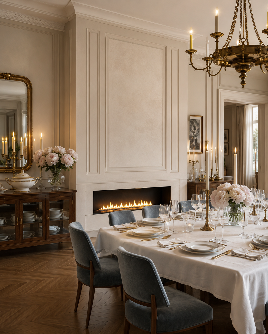 An elegant dining room with a champagne paneled custom fireplace wall, long linear fireplace, walnut buffet, mirror, candlelight, white tablecloth, and blue velvet chairs.