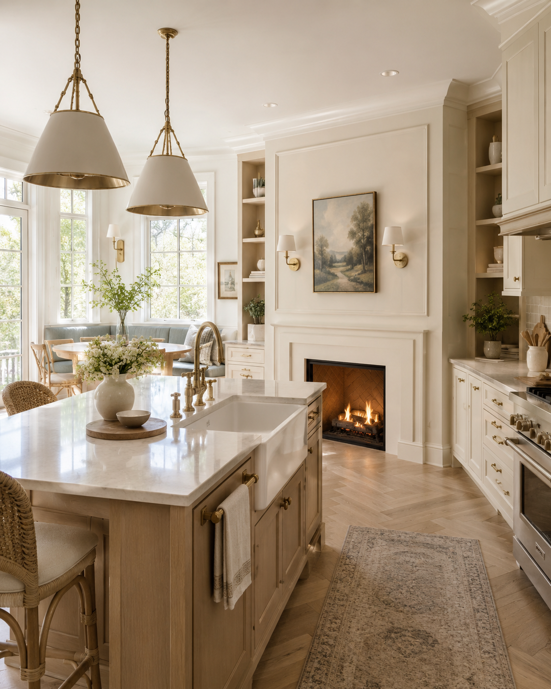 A bright eat-in kitchen with cream cabinetry, white oak island, farmhouse sink, large pendant lights, breakfast nook, and small champagne custom fireplace wall.