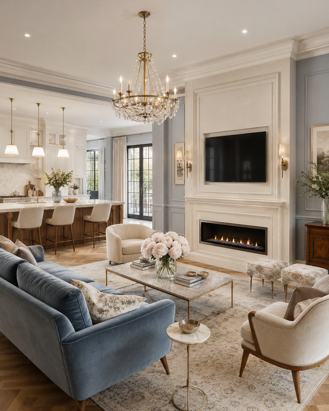 An open-concept great room with a French mid-century style, kitchen island, blue velvet sofa, chandelier, custom fireplace TV wall, and soft blush flowers.