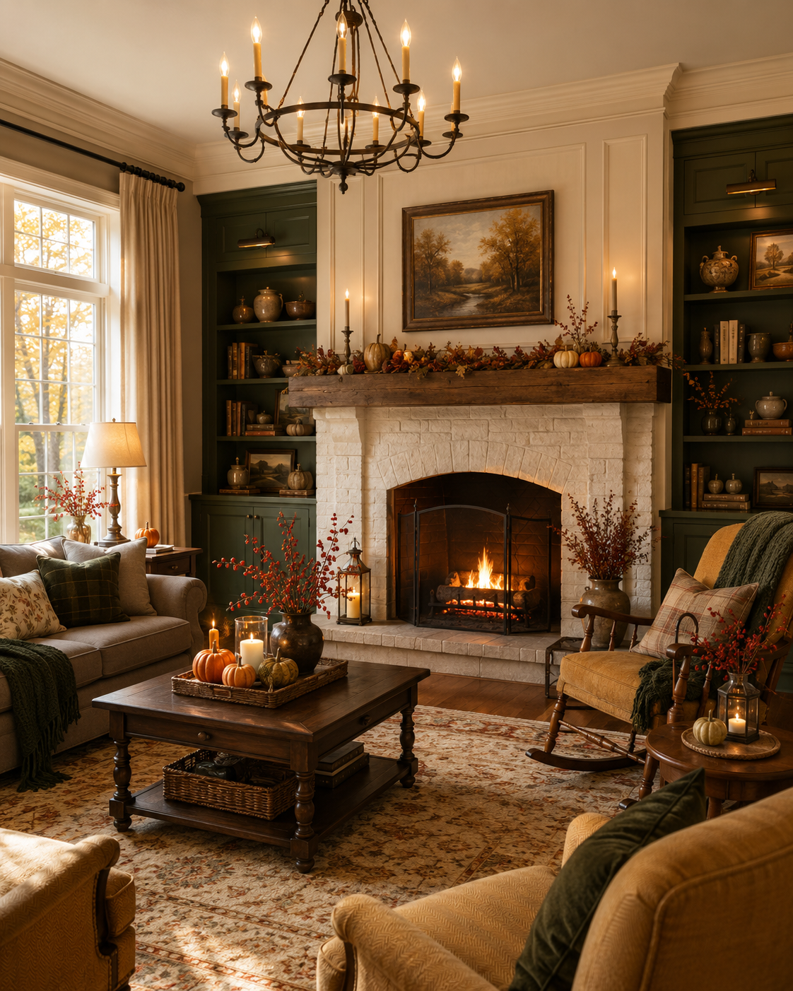 A traditional American living room with a classic custom fireplace wall, warm wood mantel, autumn accents, candles, pumpkins, and cozy seating.
