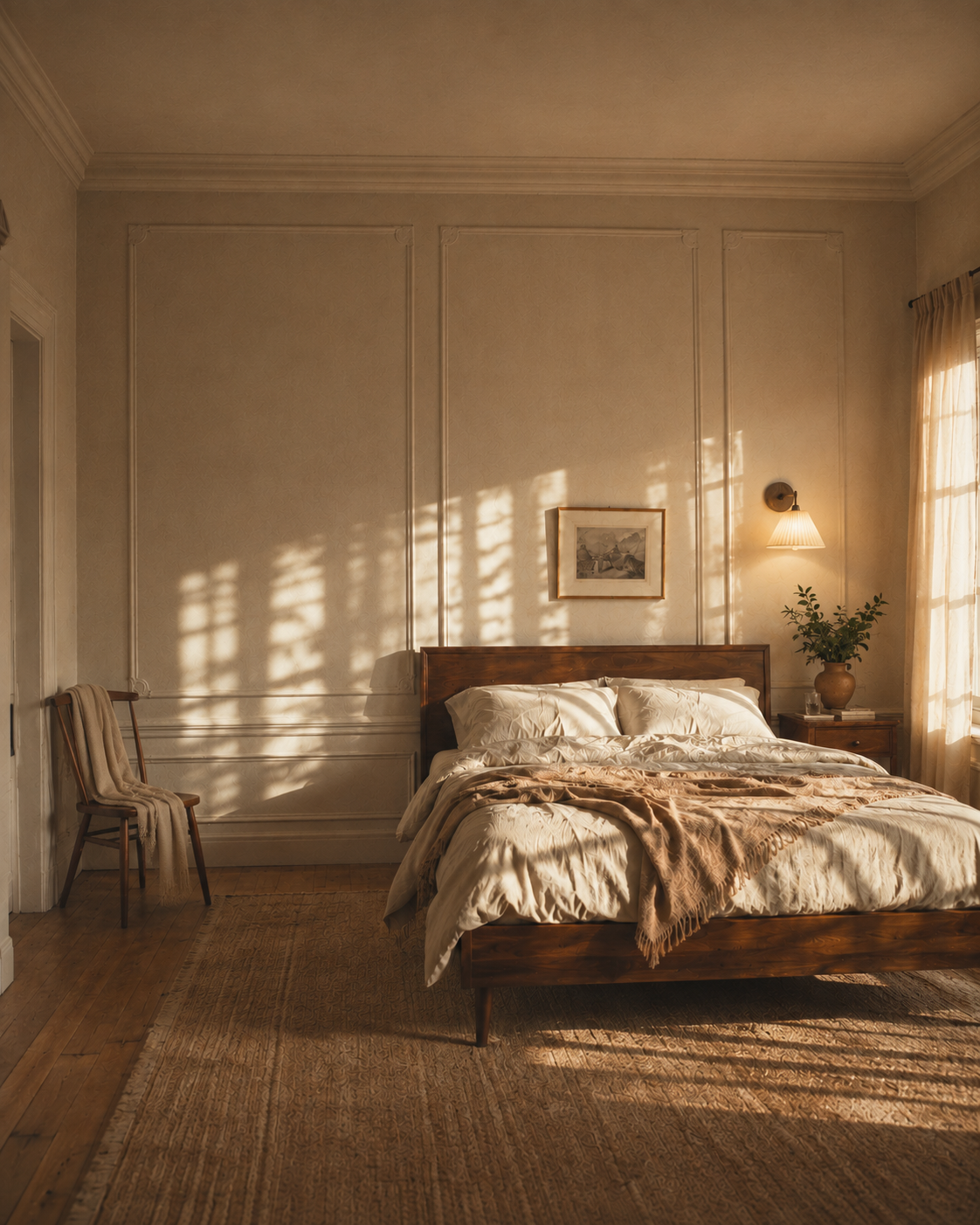 Warm bedroom with a balanced paneled feature wall, mid-century wood bed, draped chair, and late-afternoon shadows.