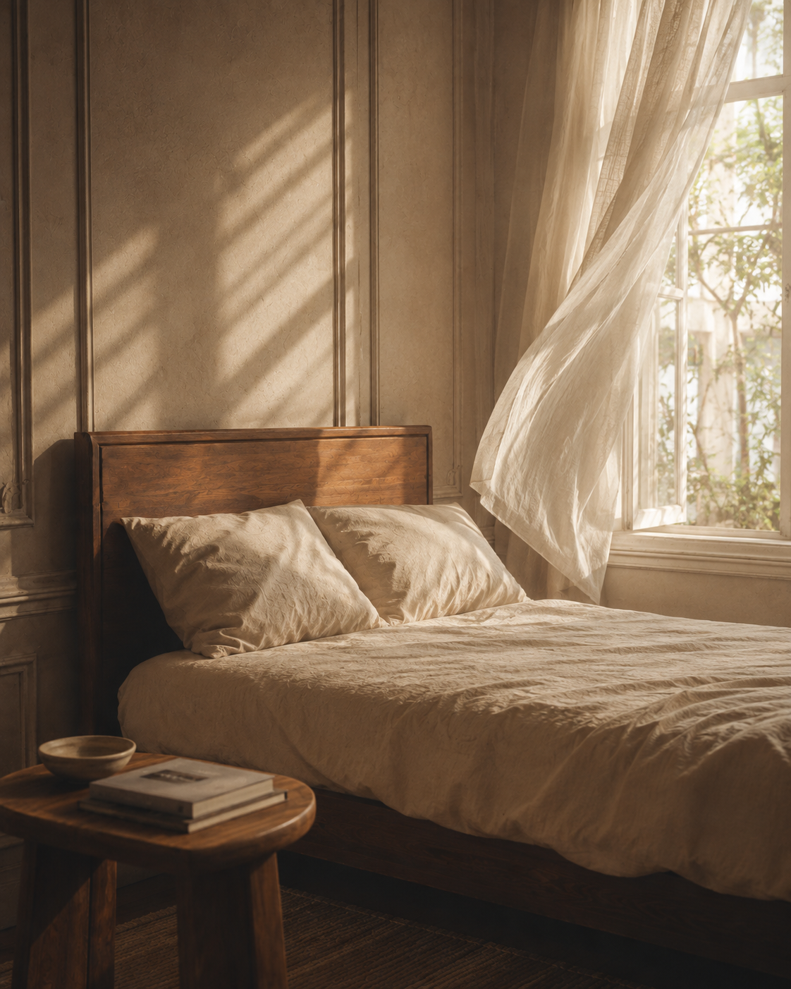 Close bedroom view combining warm wood, linen bedding, textured ivory wall molding, and soft natural light.