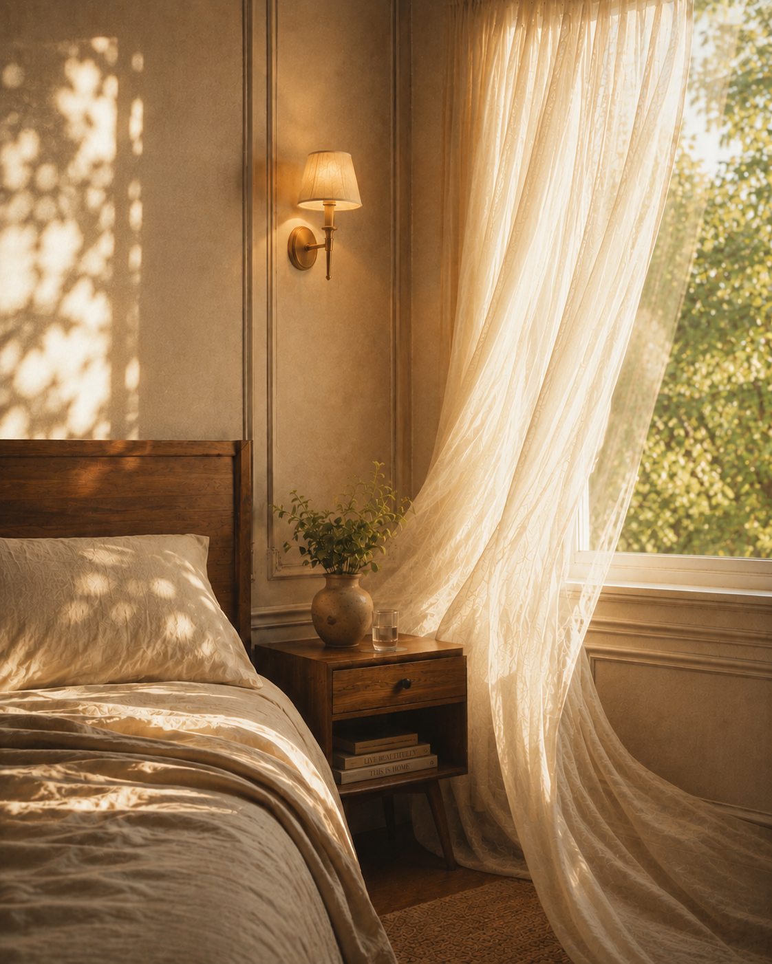 Close bedroom corner with precise ivory wall molding, a glowing brass sconce, warm wood, and a long sheer curtain trailing beside the window.