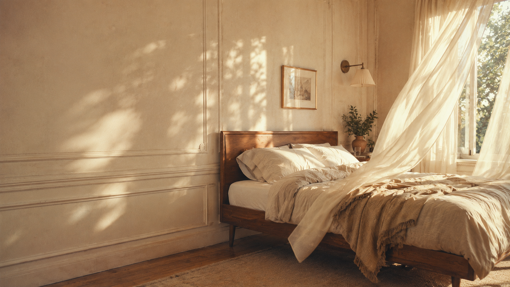 Warm mid-century bedroom with ivory curtains billowing from an open window across a sunlit paneled wall and relaxed linen bedding.
