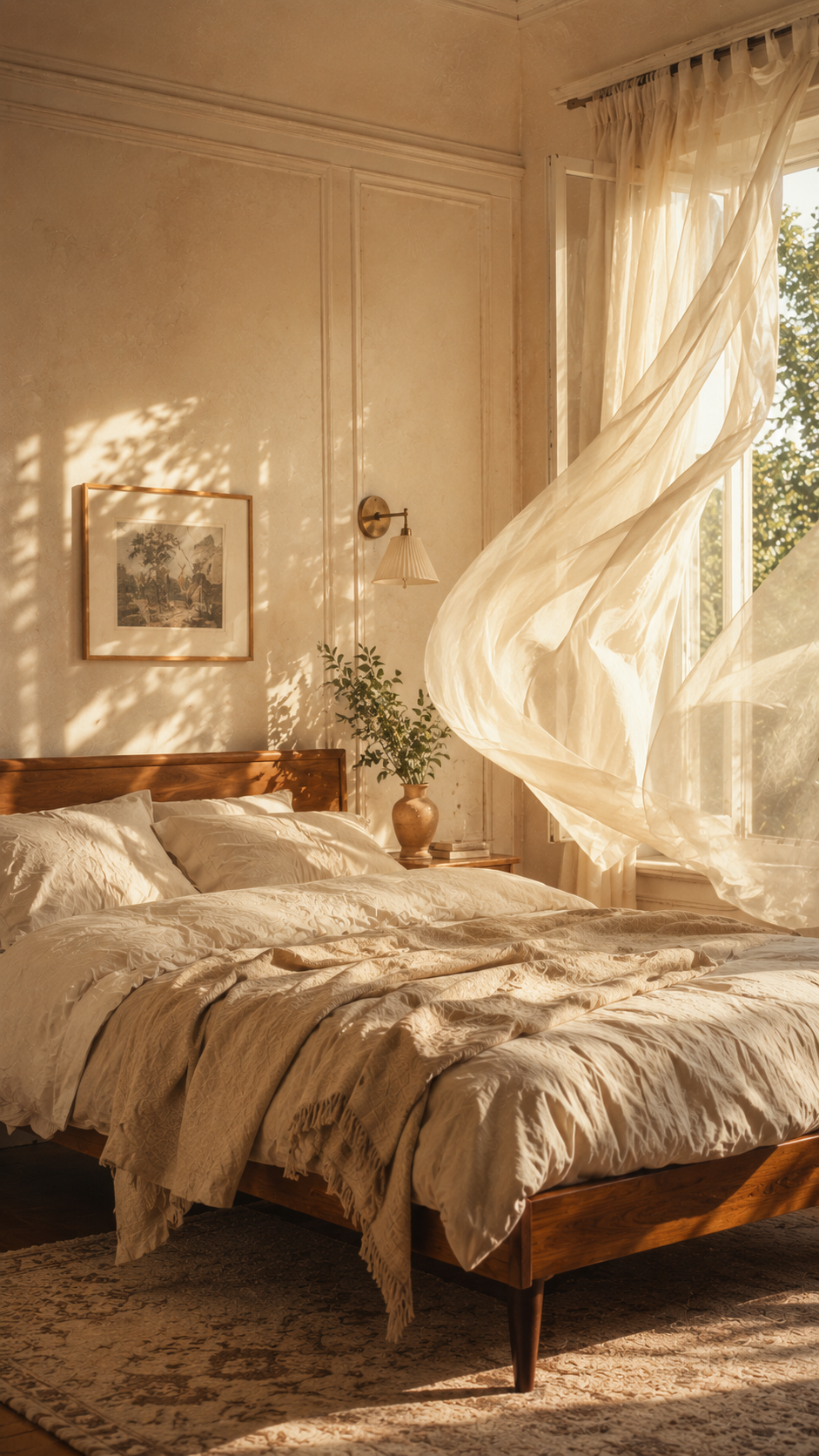 Vertical view of a warm mid-century bedroom with flowing ivory curtains, relaxed linen bedding, and sunlight moving across a paneled wall.