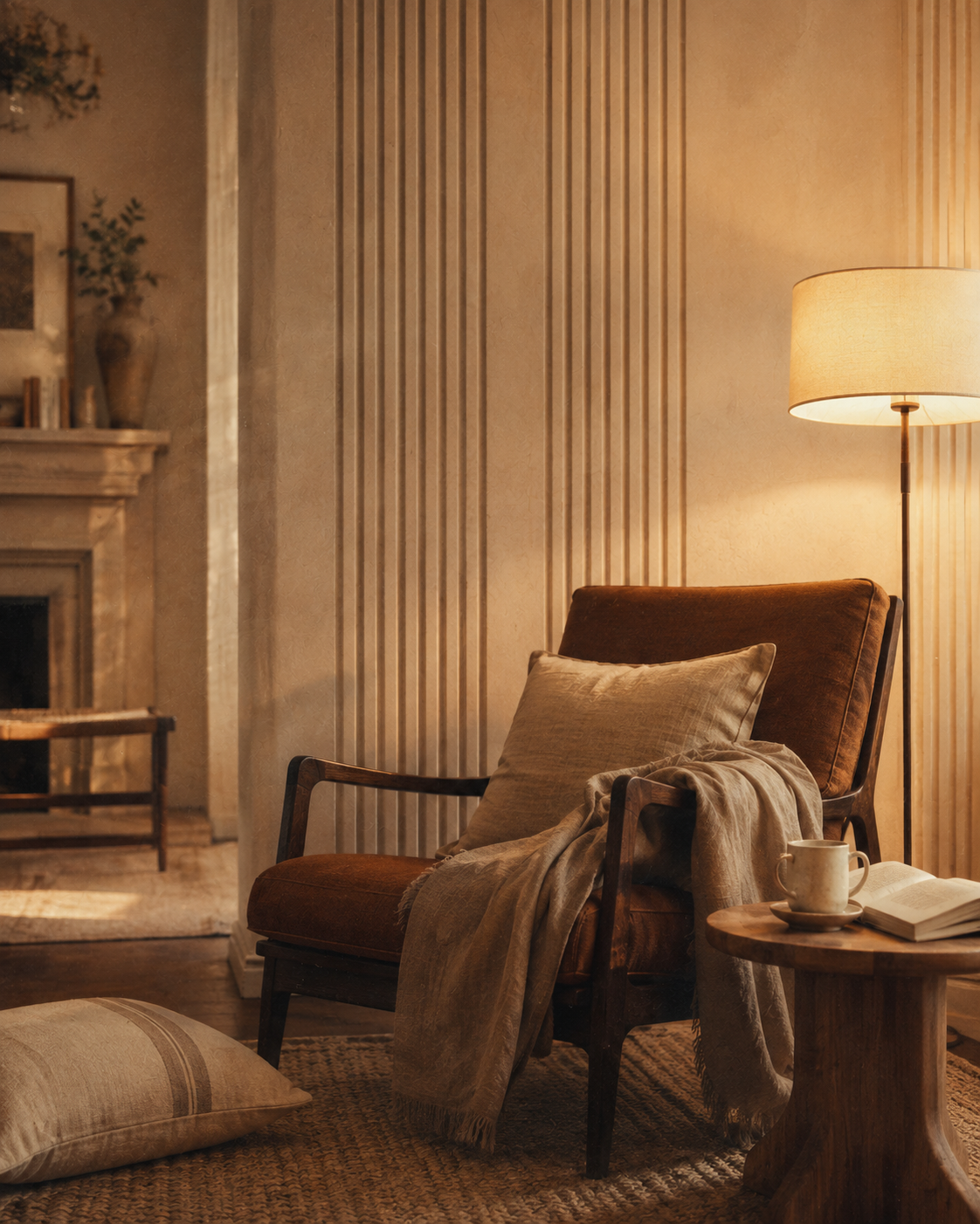 Warm mid-century reading corner with a glowing ivory floor lamp, linen throw, coffee, book, and Roman-inspired ribbed plaster accent wall.