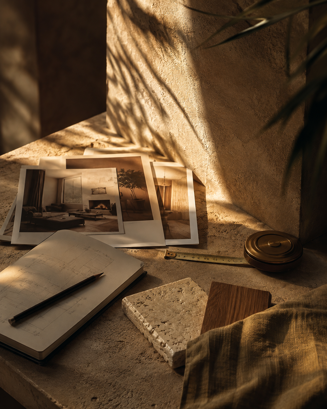 Golden-hour project planning still life with room photographs, a sketchbook, pencil, tape measure, stone and wood samples, linen, and leaf shadows.