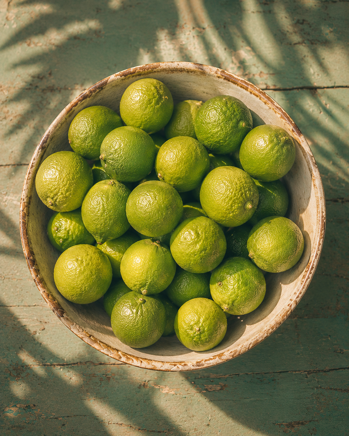 Top-down view of many fresh green limes in a rustic ceramic bowl on a muted green surface with sunlit tropical shadows.