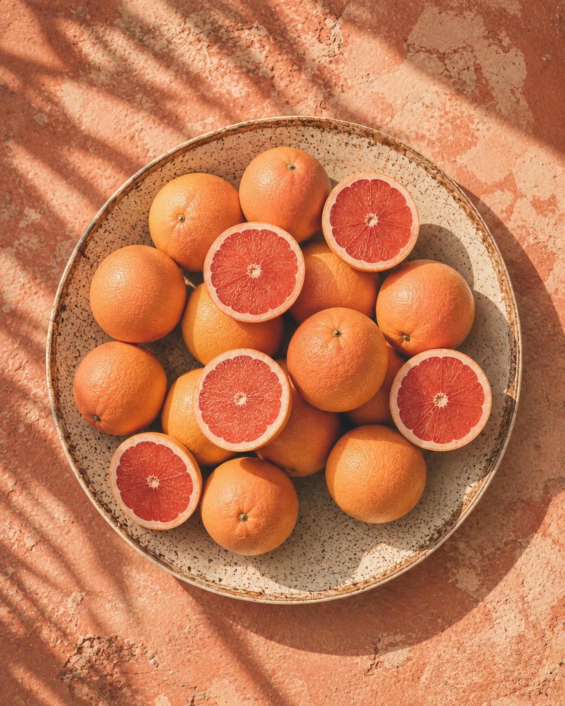 Top-down view of pink grapefruit, including cut halves showing coral-red flesh, arranged in a rustic bowl on a warm coral surface.
