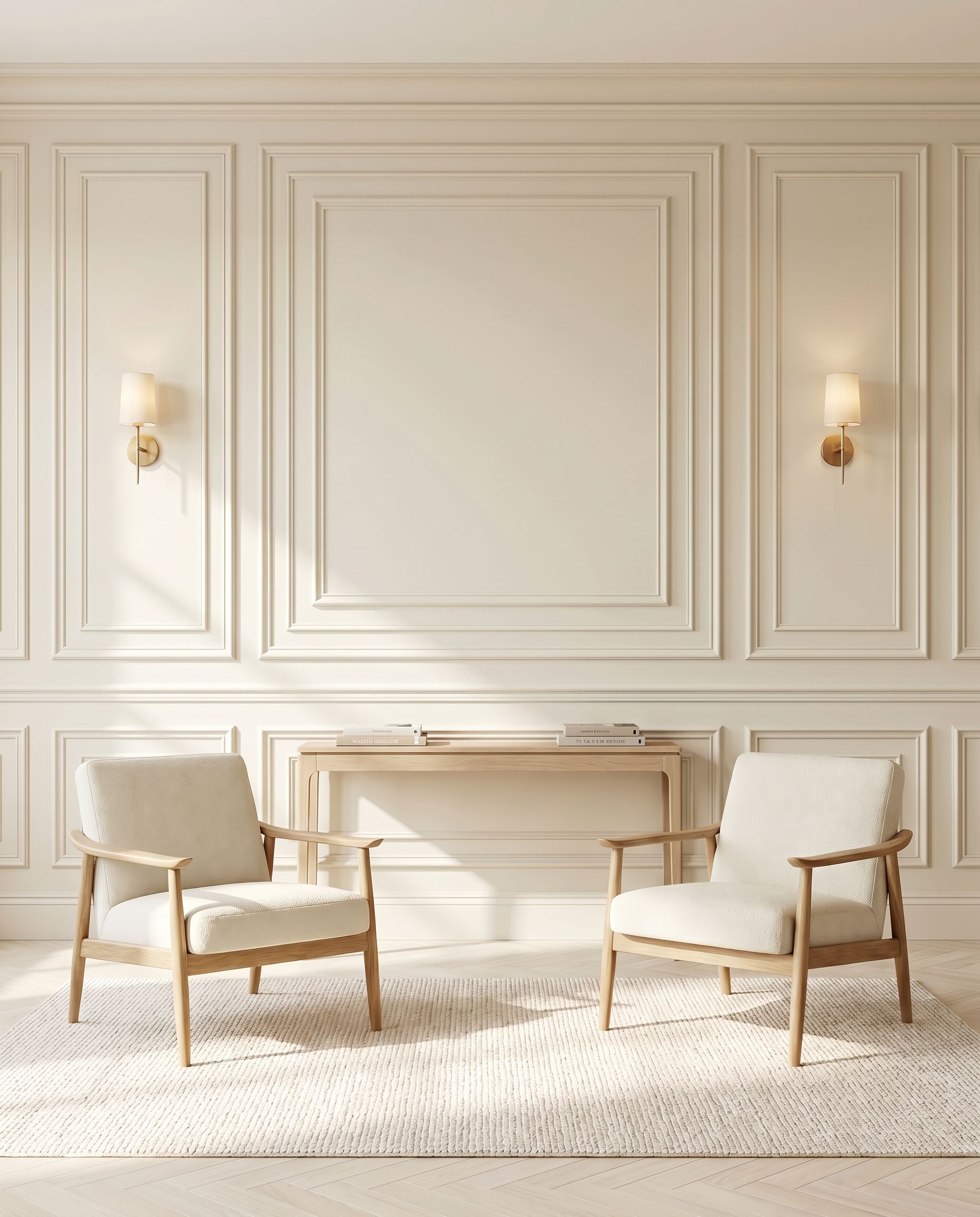 Custom ivory accent wall with layered molding in a sunlit Florida living room
