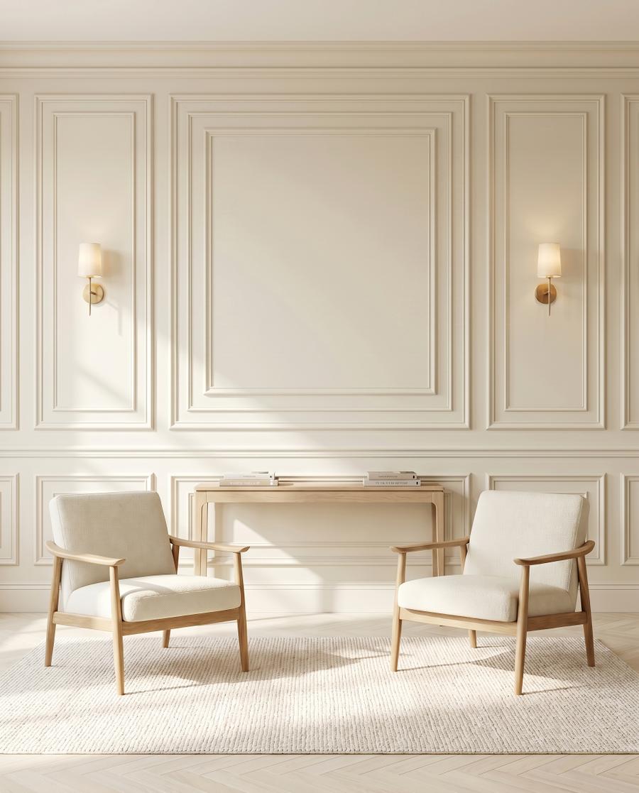 Custom ivory accent wall with layered molding in a sunlit Florida living room