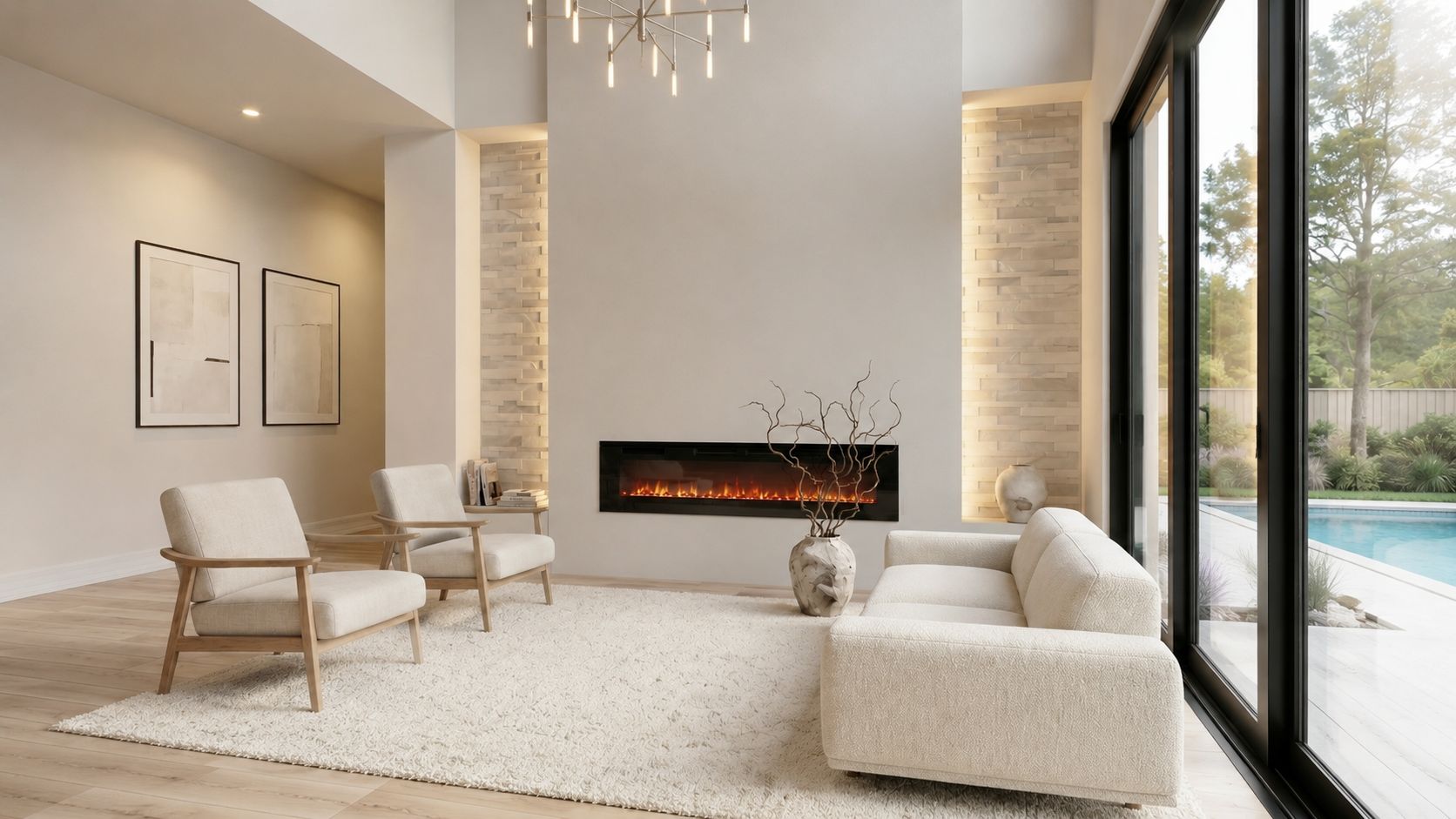 Angled side view of a refined double-height living room with a custom linear fireplace feature wall, illuminated stone side niches, cream sofa, lounge chairs, sculptural vase with branches, soft rug, light wood flooring, black-framed glass doors, poolside natural light, and a warm ivory luxury interior atmosphere.