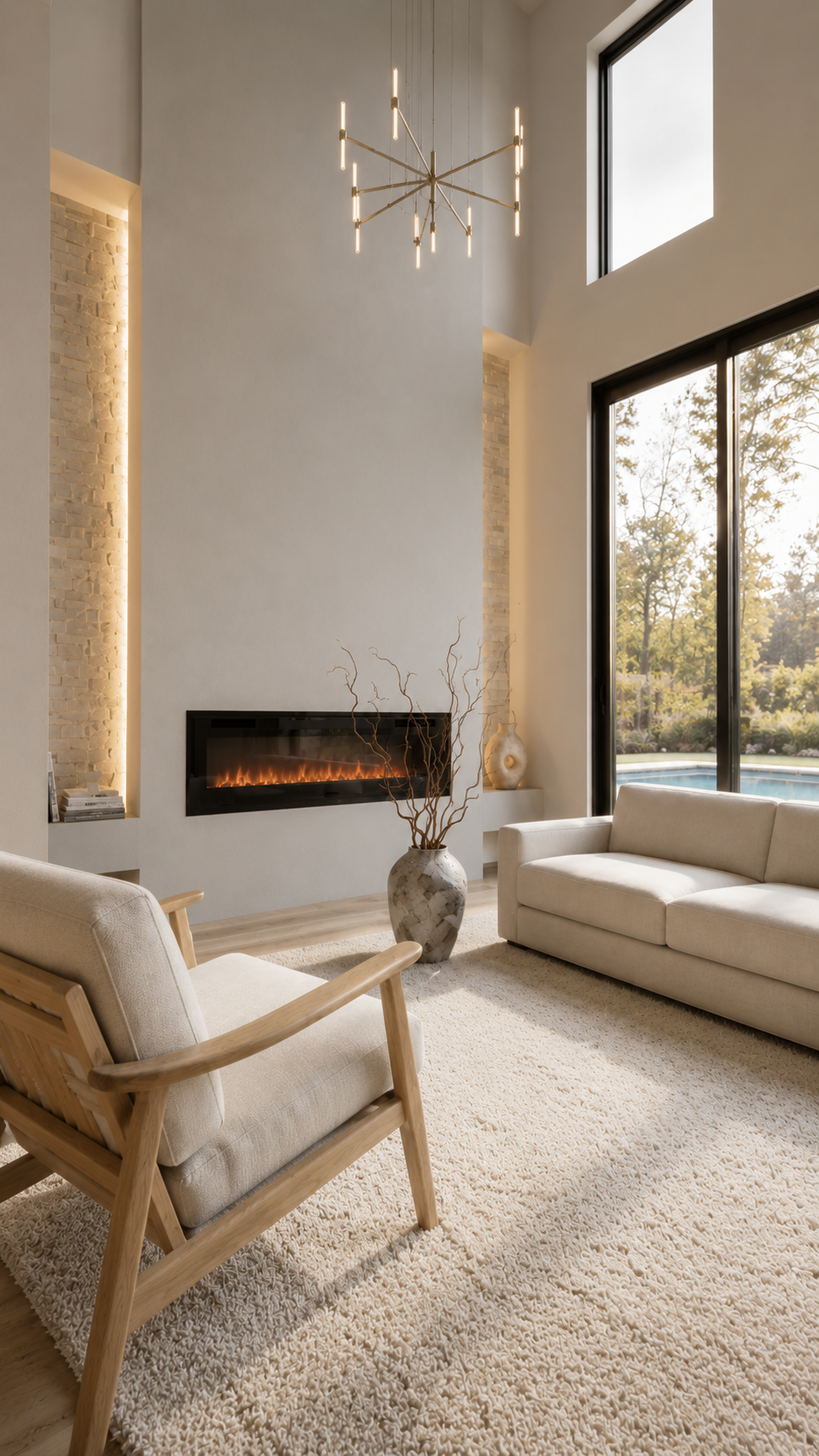 Vertical angled view of a refined double-height living room with a custom linear fireplace feature wall, illuminated stone side niches, cream seating, lounge chair foreground, soft rug, chandelier, light wood flooring, and a warm ivory interior atmosphere.