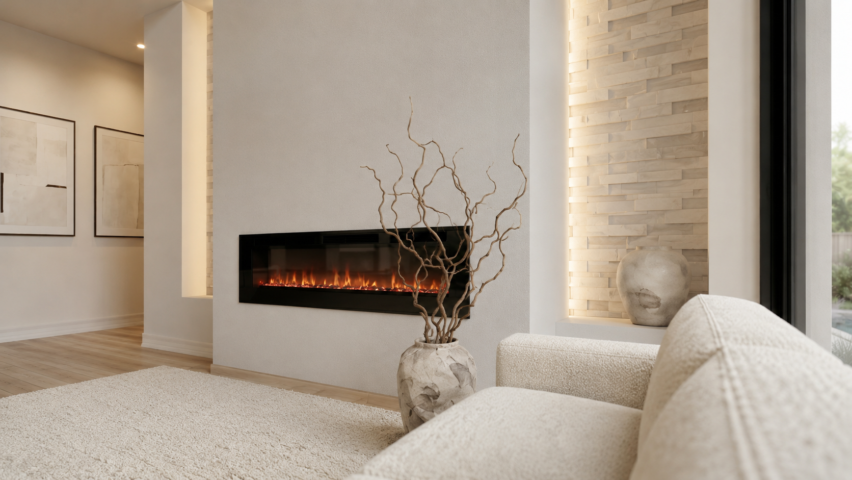 Close detail view of a custom linear fireplace feature wall with warm fireplace glow, illuminated stone side niche, sculptural vase with branches, cream textured seating, soft rug, light wood flooring, and a refined warm ivory interior atmosphere.