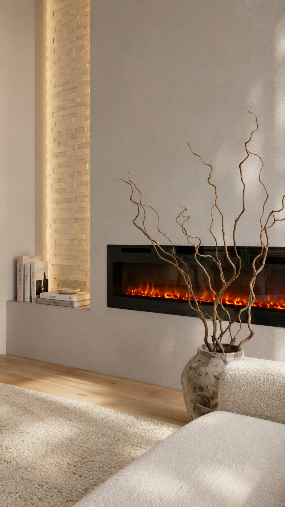 Vertical detail view of a custom linear fireplace feature wall with warm fireplace glow, illuminated stone side niche, sculptural vase with branches, ivory wall texture, cream seating detail, soft rug, light wood flooring, and a refined warm interior atmosphere.