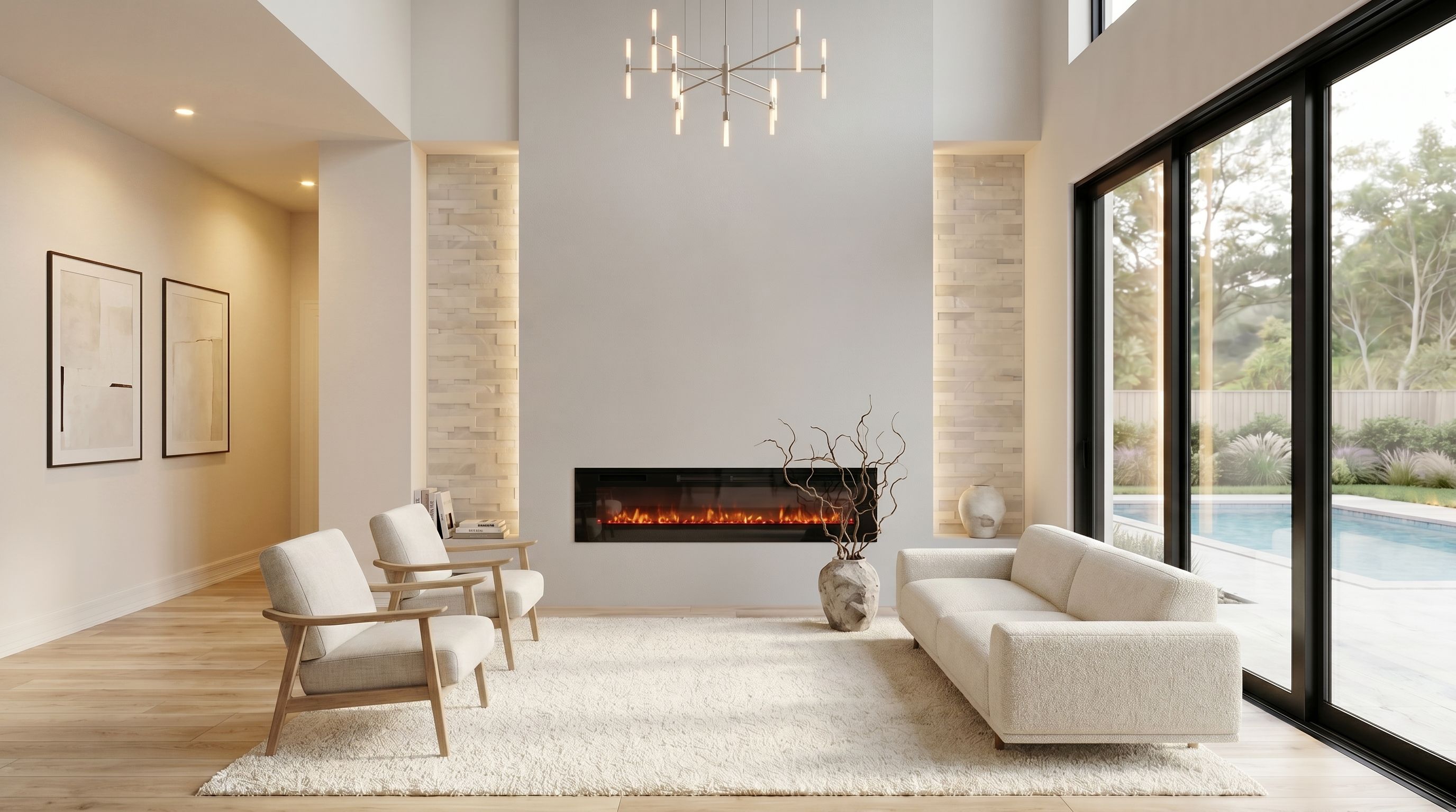 Frontal view of a refined double-height living room with a custom linear fireplace feature wall, illuminated stone side niches, cream sofa and lounge chairs, sculptural vase with branches, soft rug, light wood flooring, black-framed glass doors, poolside natural light, and a warm ivory luxury interior atmosphere.
