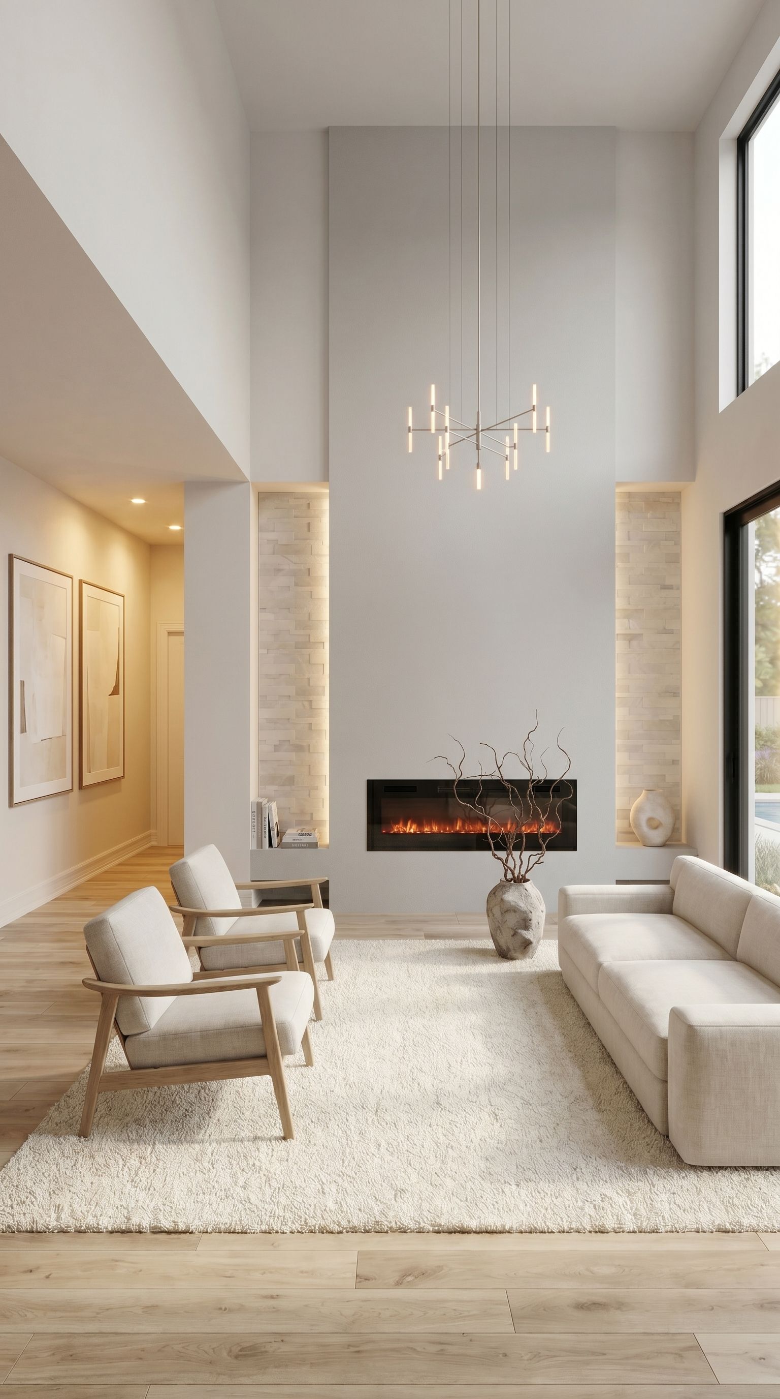 Vertical frontal view of a refined double-height living room with a custom linear fireplace feature wall, illuminated stone side niches, cream seating, soft rug, light wood flooring, chandelier, and a warm ivory luxury interior atmosphere.