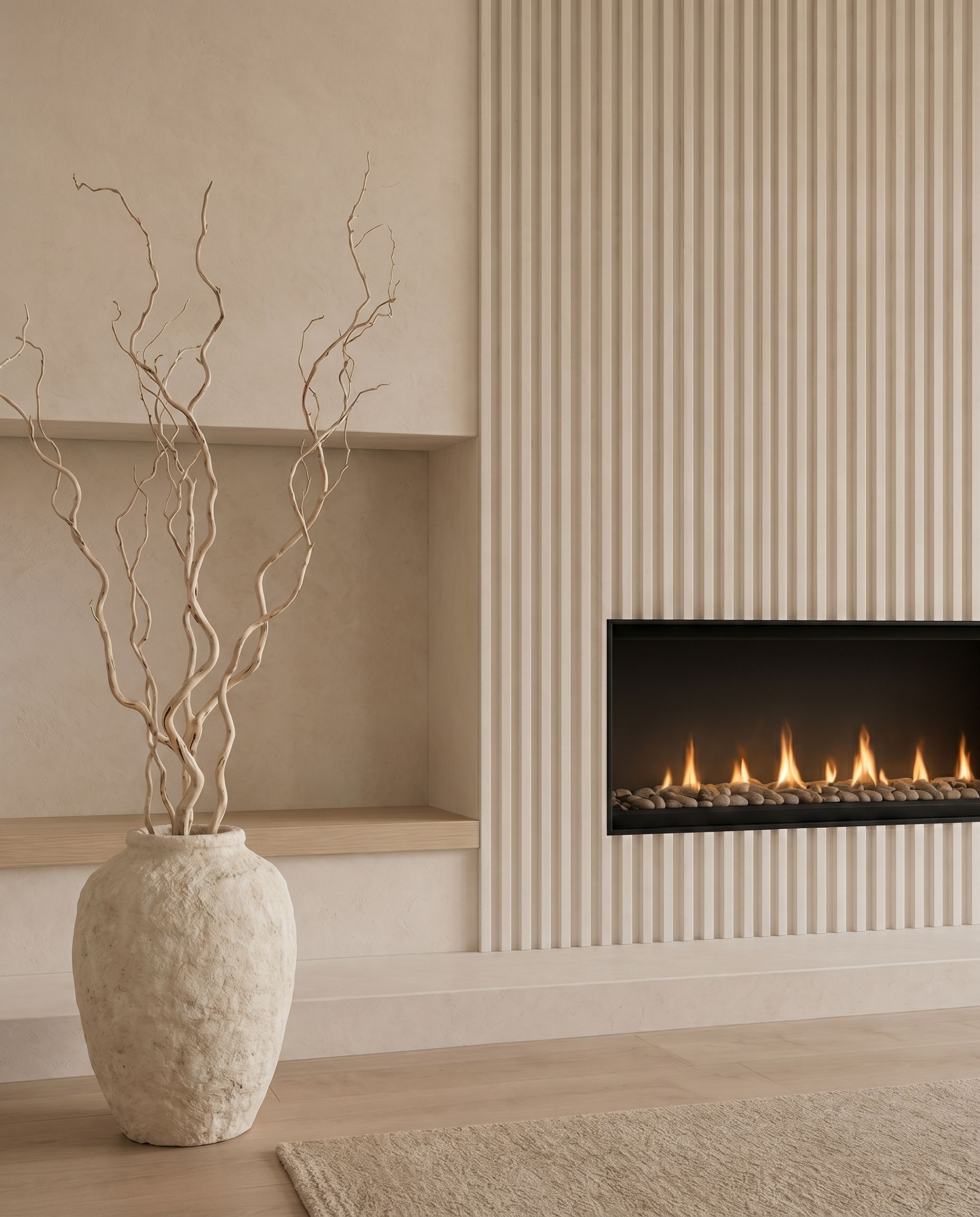 Close-up architectural detail of a custom fireplace TV wall with ivory fluted panels, soft plaster finish, linear fireplace, floor-standing limestone-textured vase, bleached twisted willow branches, warm neutral tones, and refined interior finish details