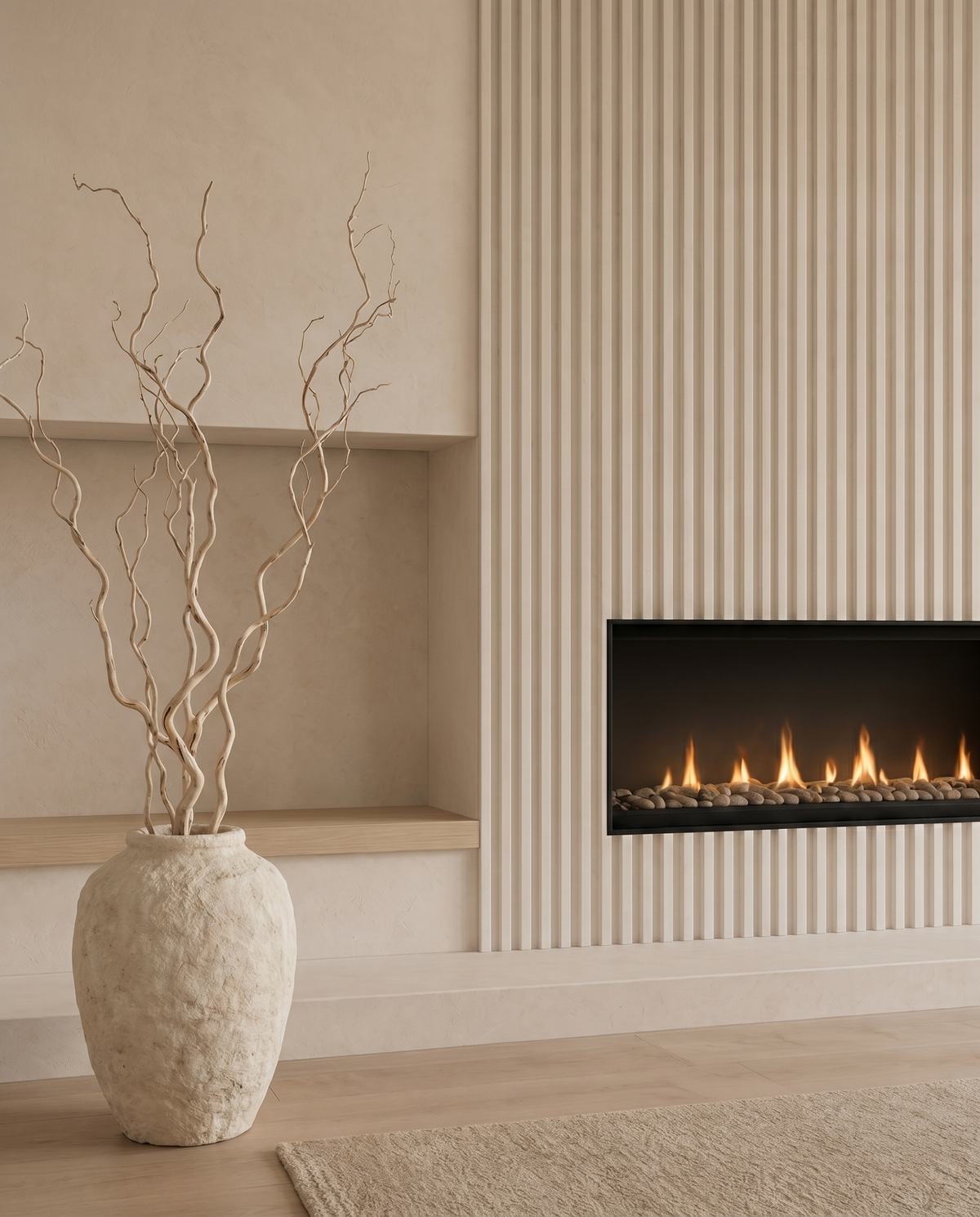 Close-up architectural detail of a custom fireplace TV wall with ivory fluted panels, soft plaster finish, linear fireplace, floor-standing limestone-textured vase, bleached twisted willow branches, warm neutral tones, and refined interior finish details