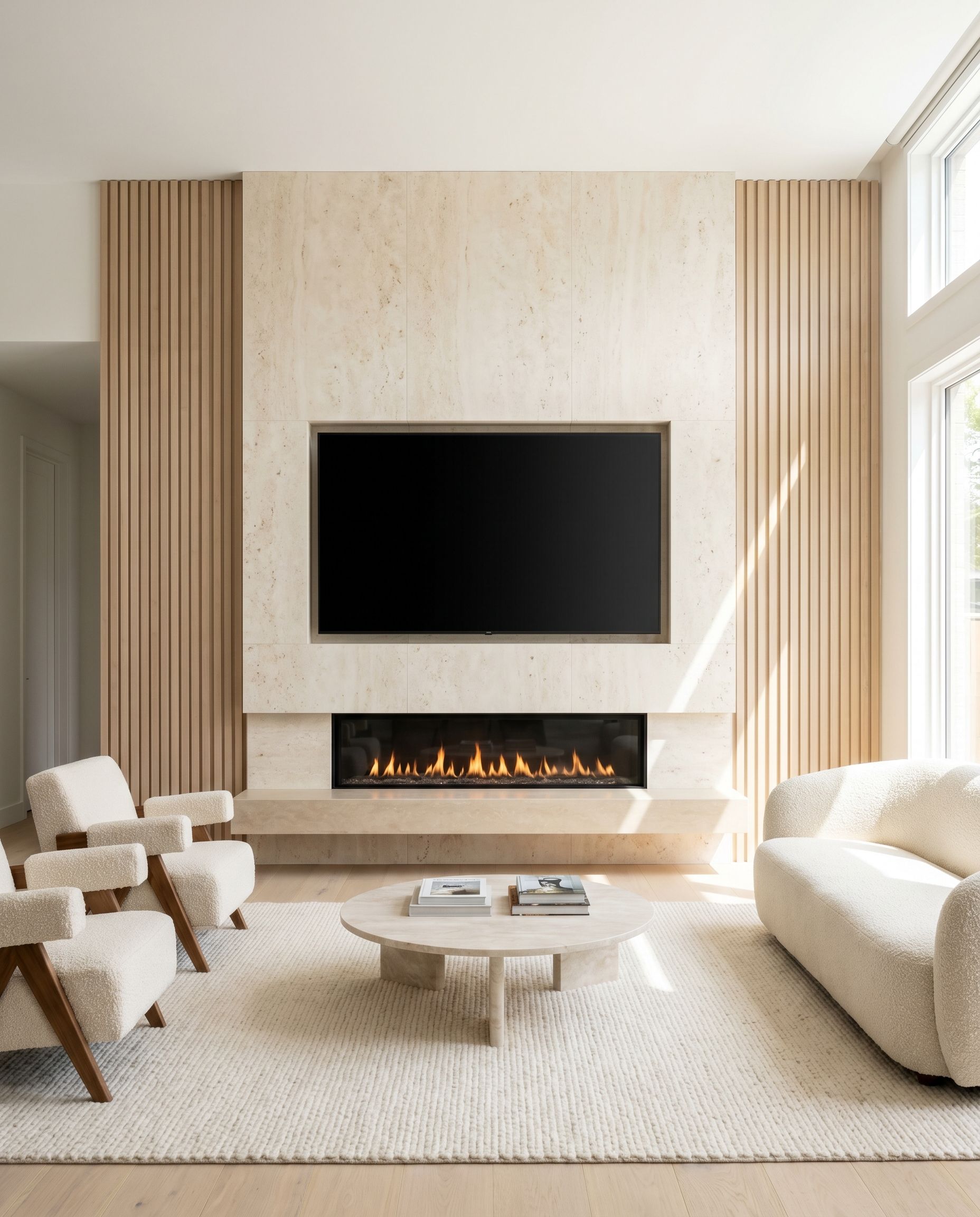 Custom fireplace TV wall with a matte black TV, linear fireplace, limestone surround, and pale oak slat accents in a bright Florida living room