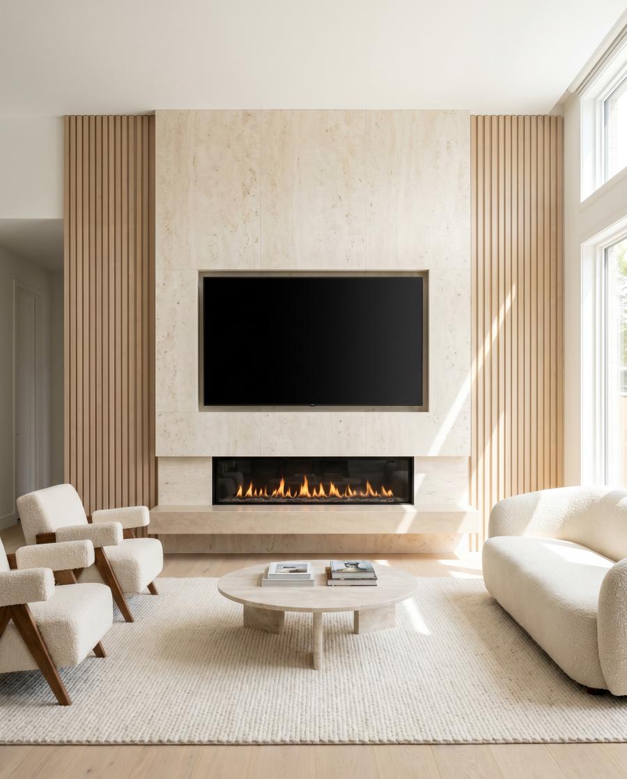 Custom fireplace TV wall with a matte black TV, linear fireplace, limestone surround, and pale oak slat accents in a bright Florida living room