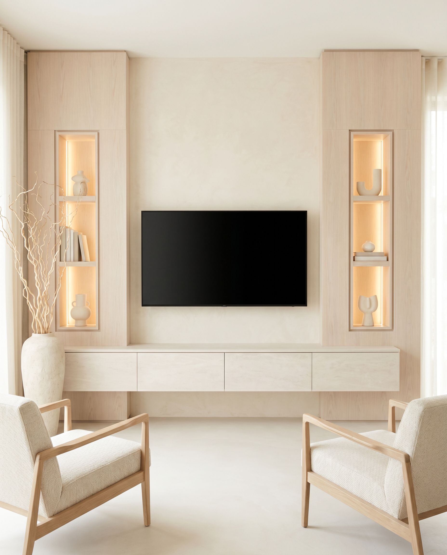 Custom media wall with integrated matte black TV, floating console, illuminated display niches, and light oak armchairs in a bright Florida living room