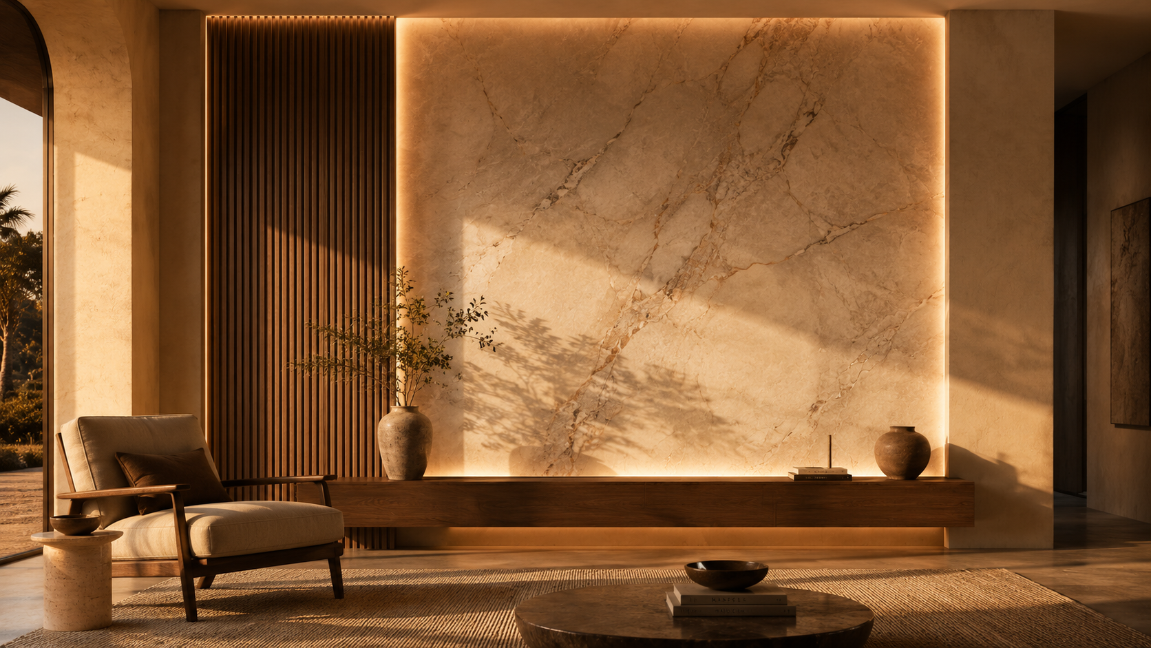 Golden hour living room with a custom mixed-material accent wall, large stone-look panel, vertical wood slats, warm integrated lighting, floating console, arched window detail, lounge chair, and soft architectural shadows.