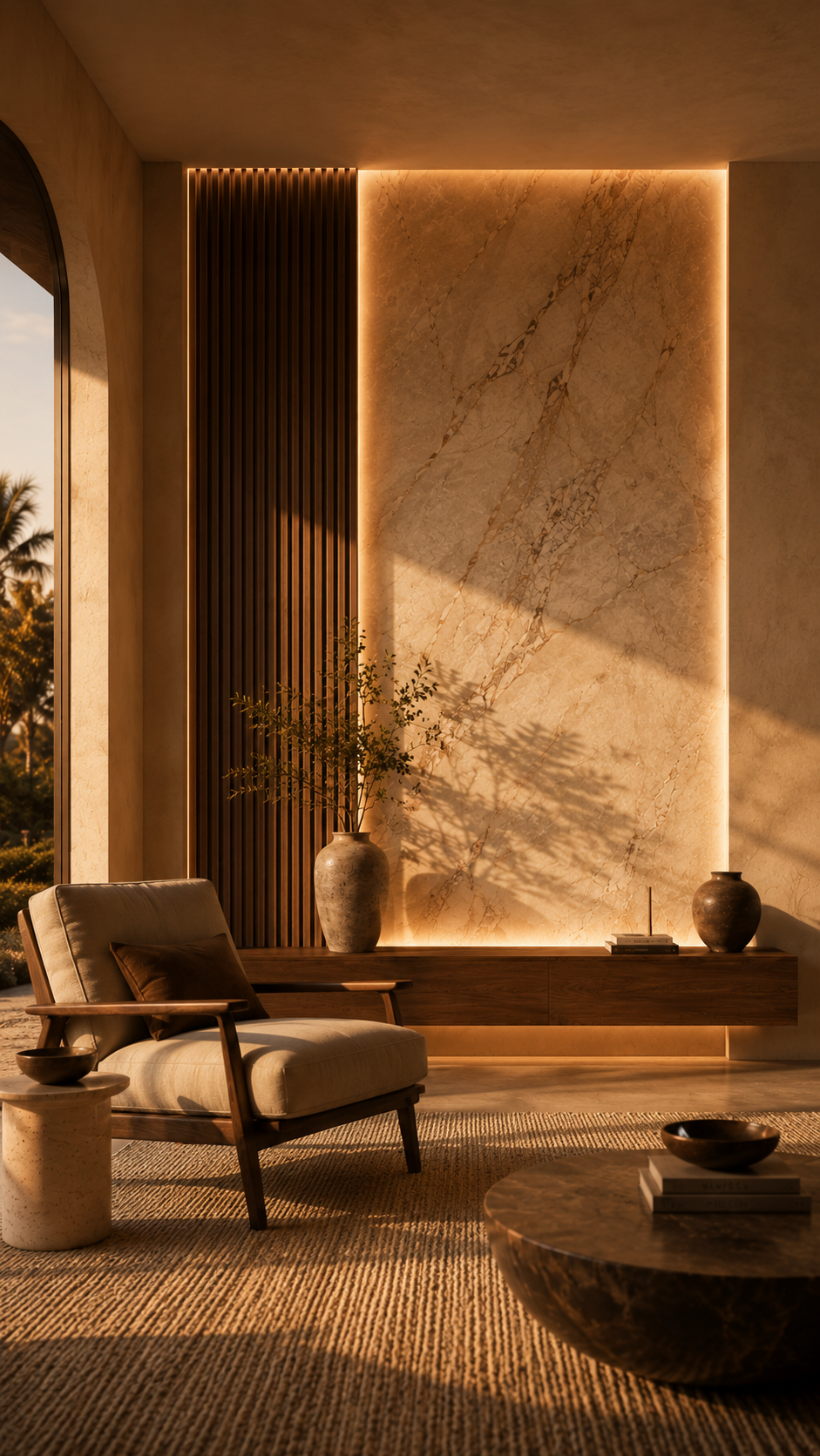 Vertical golden hour view of a custom mixed-material accent wall with stone-look surface, wood slat detail, warm lighting, floating console, cozy chair styling, and soft architectural shadows.