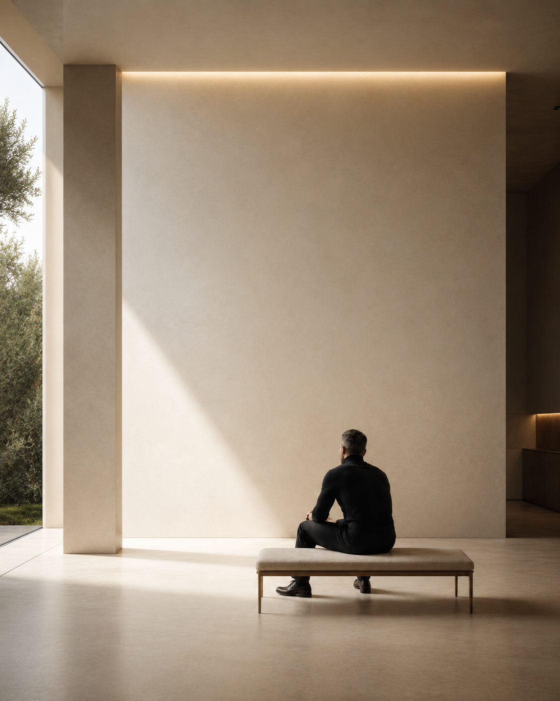 Homeowner seated in a bright minimalist living room, studying a large blank wall before planning a custom accent wall.