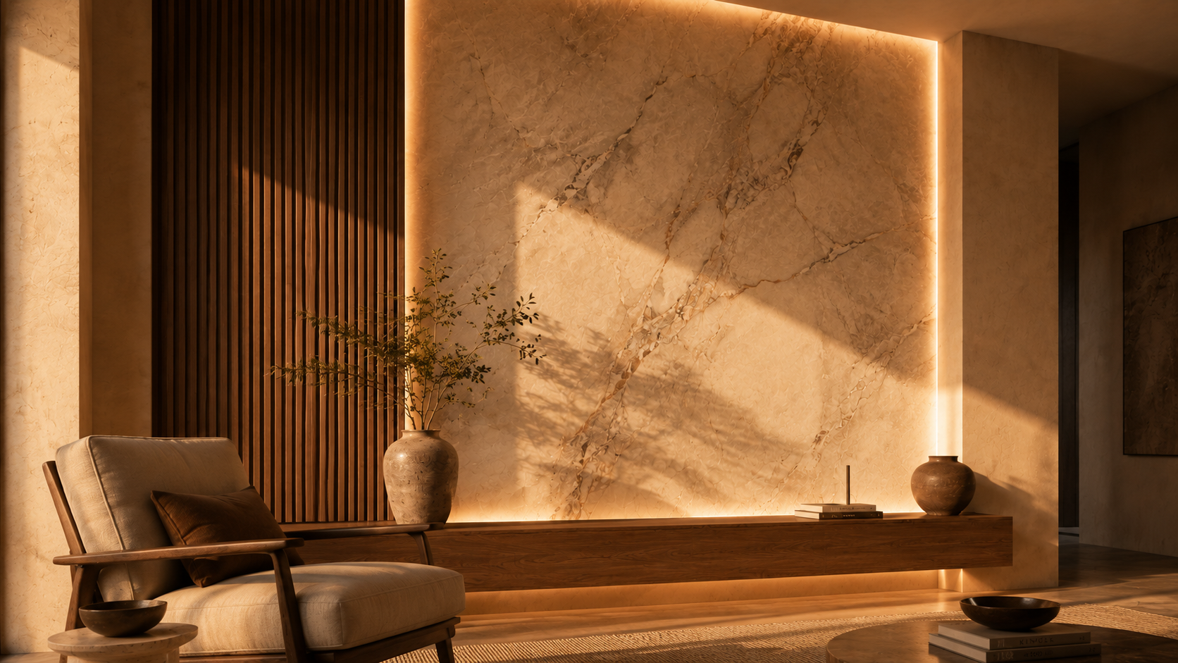 Angled desktop view of a custom accent wall highlighting stone-look panel veining, vertical wood slats, shadow gaps, integrated warm lighting, floating console, and architectural material depth.