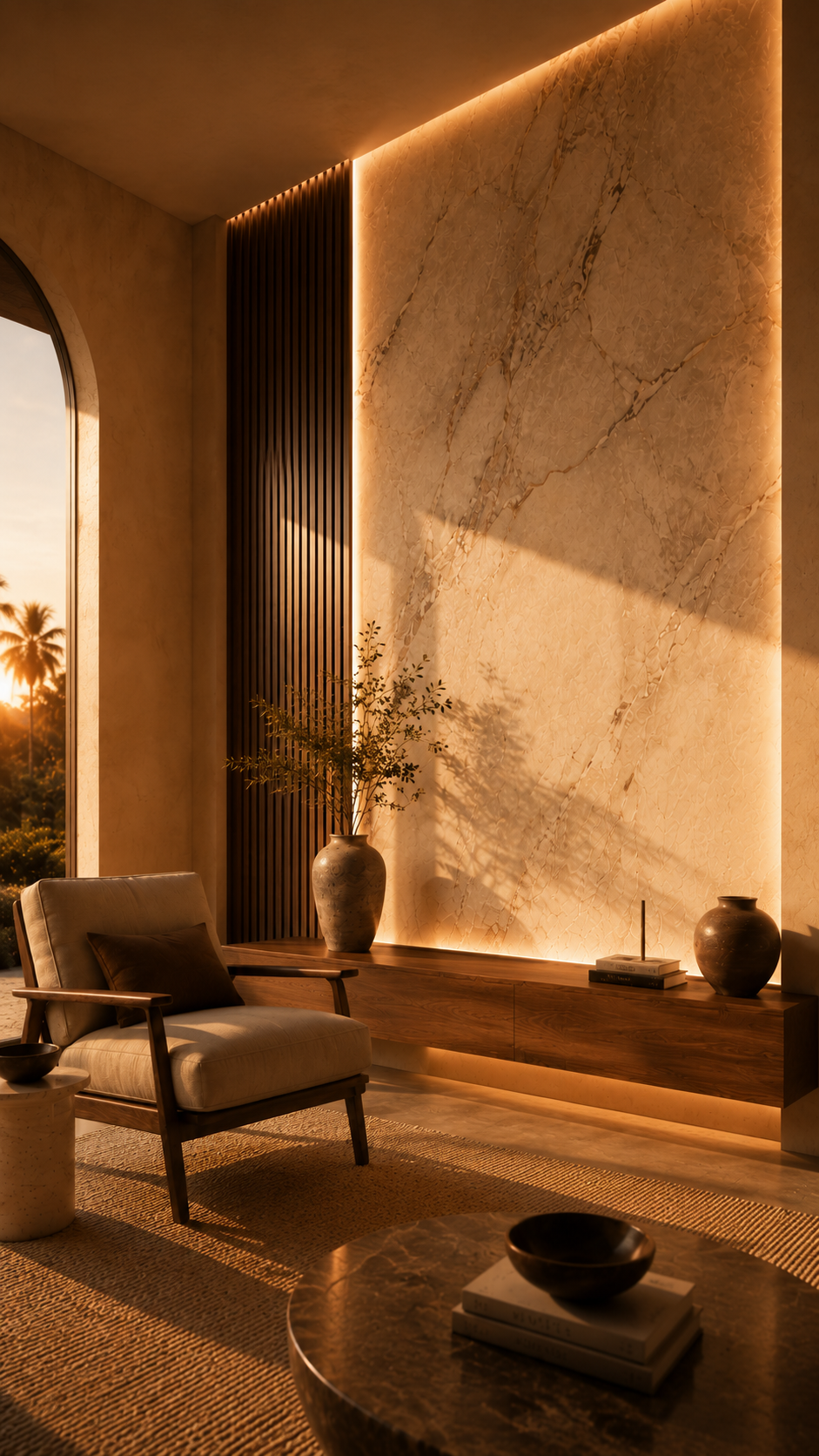 Vertical angled view of a custom mixed-material accent wall with stone-look panel, warm integrated lighting, wood slat detail, shadow lines, and refined architectural depth.