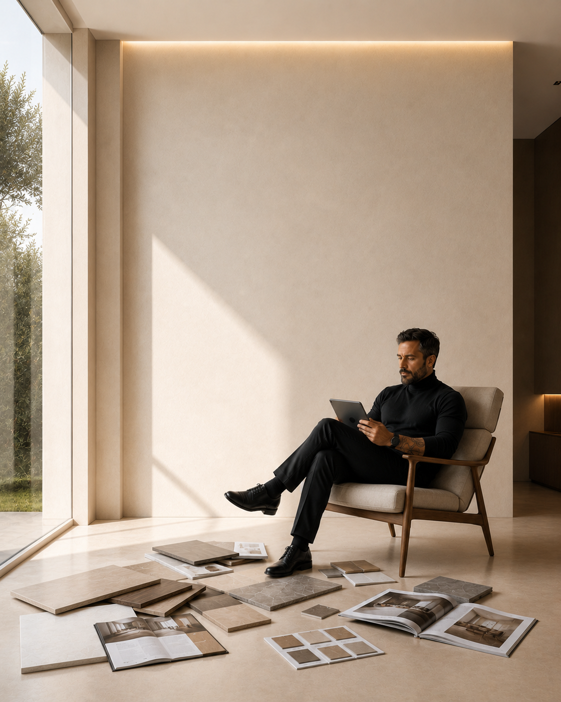 Homeowner seated with a tablet while comparing accent wall materials, finish samples, and interior design references in a minimalist room.