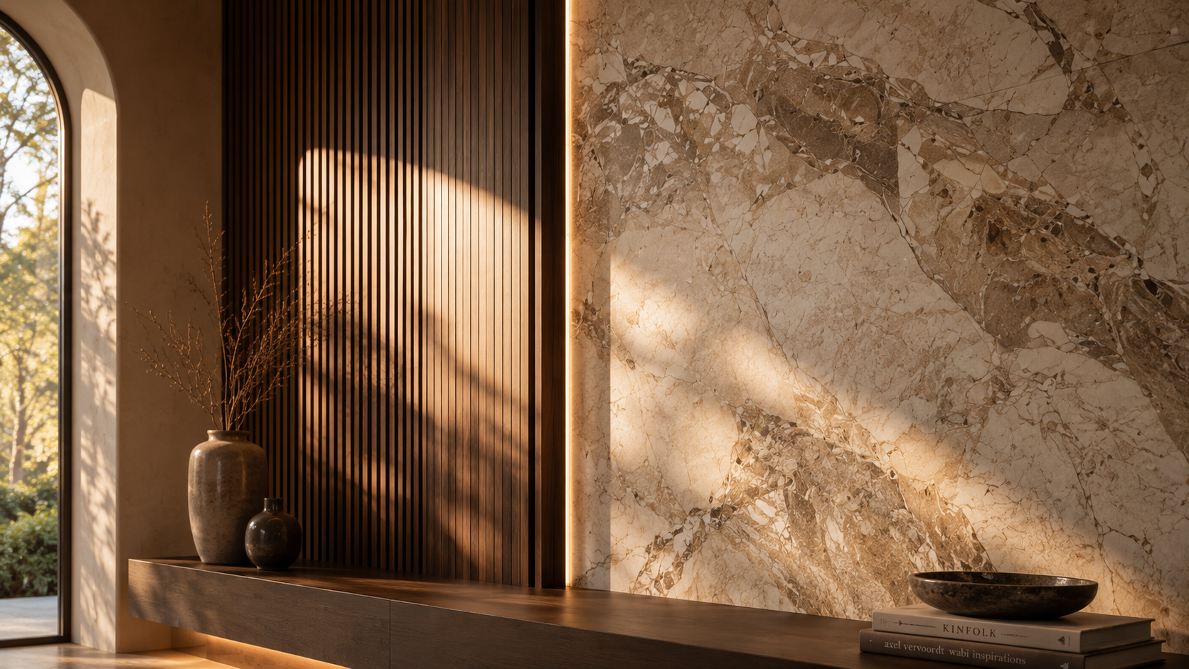 Close architectural desktop detail of a custom accent wall with stone-look veining, wood slats, warm backlighting, clean transitions, shadow lines, and refined material texture.