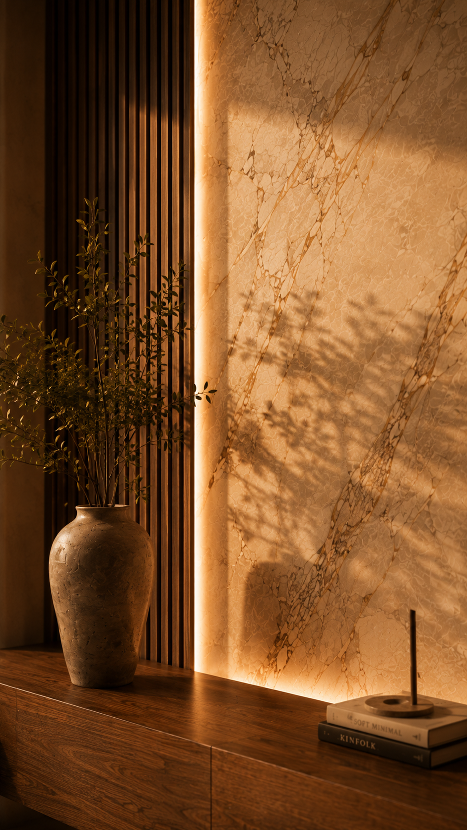 Vertical close-up material detail of a custom accent wall with stone-look surface, wood slat rhythm, warm illuminated edge, soft shadows, and refined finish transitions.