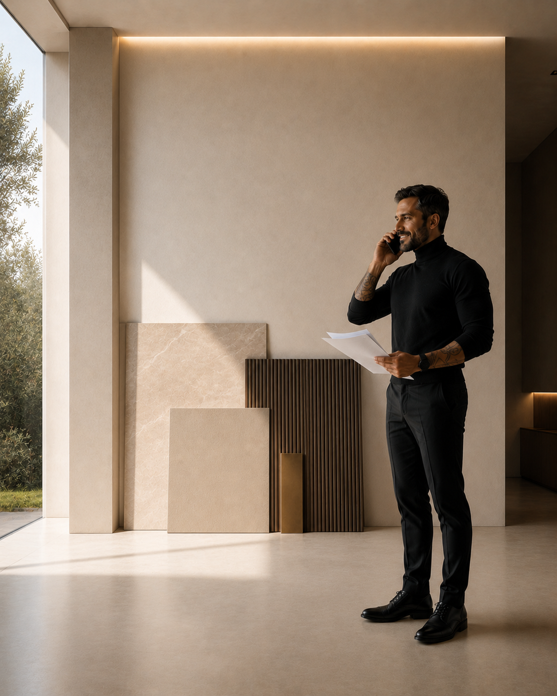 Homeowner speaking by phone while reviewing a printed accent wall estimate, with selected material samples arranged beside the wall.