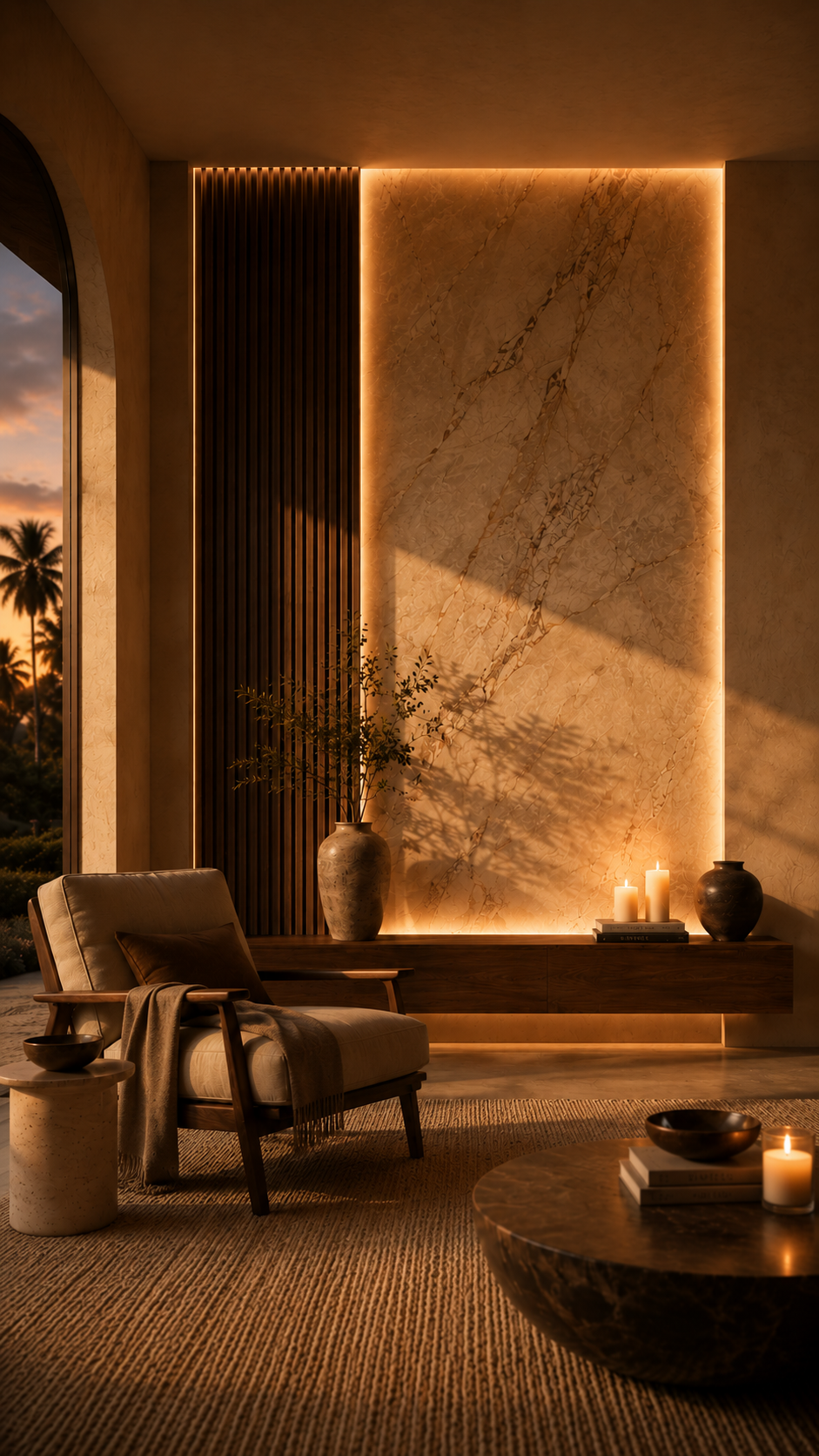 Vertical evening view of a custom mixed-material accent wall with warm ambient lighting, soft candlelit mood, stone-look surface, wood accents, cozy chair, pillow, throw, and inviting living room atmosphere.