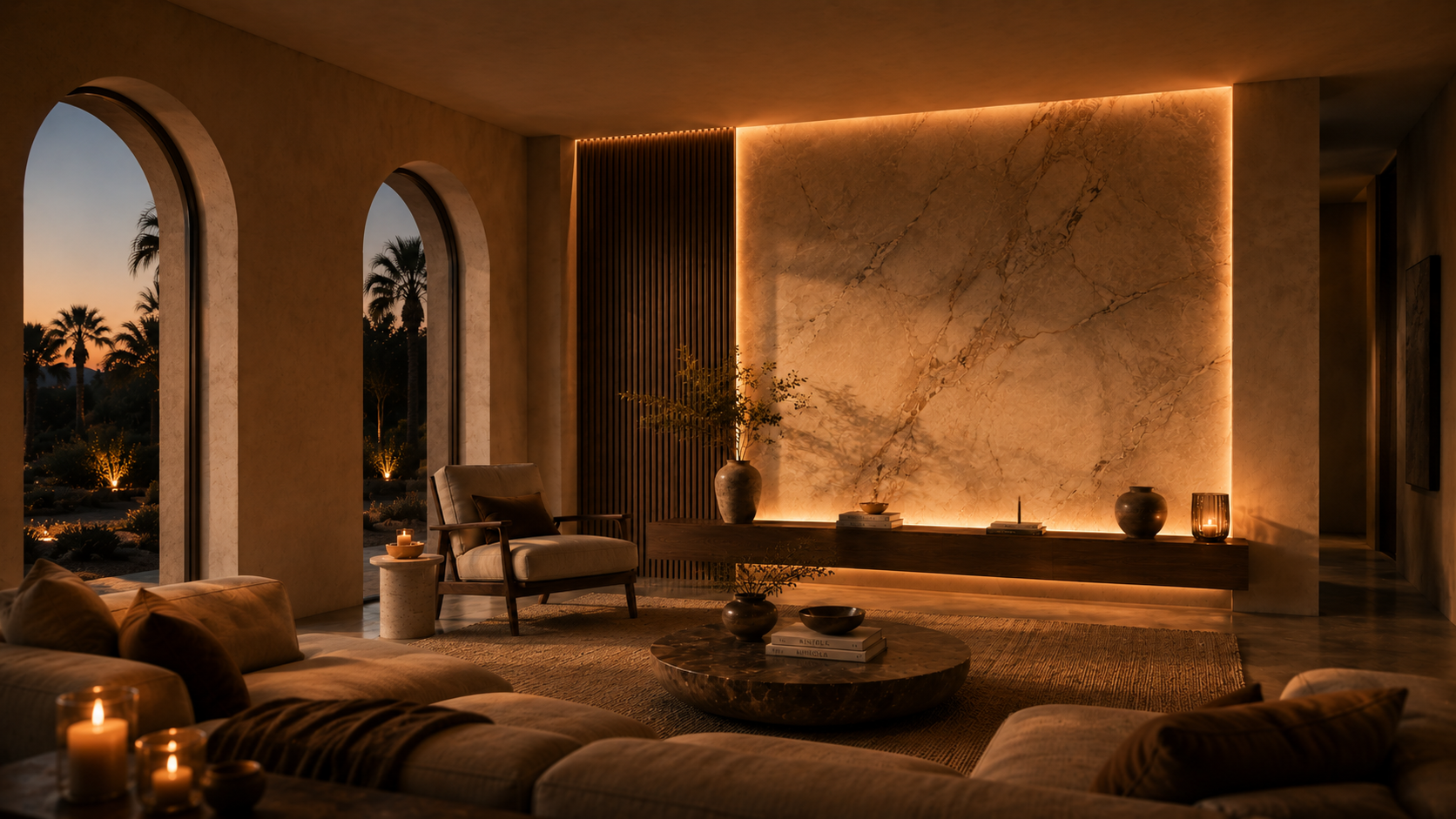 Evening desktop view of a custom mixed-material accent wall with warm integrated lighting, stone-look panel, wood slats, floating console, cozy seating, soft shadows, and inviting ambient interior mood.