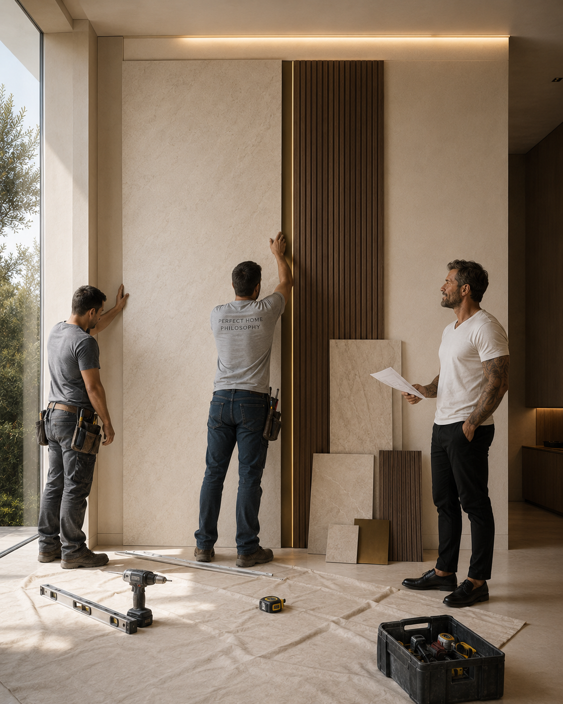 Two installers building a custom mixed-material accent wall with textured panels, dark wood slats, bronze detailing, and integrated lighting while the homeowner observes.