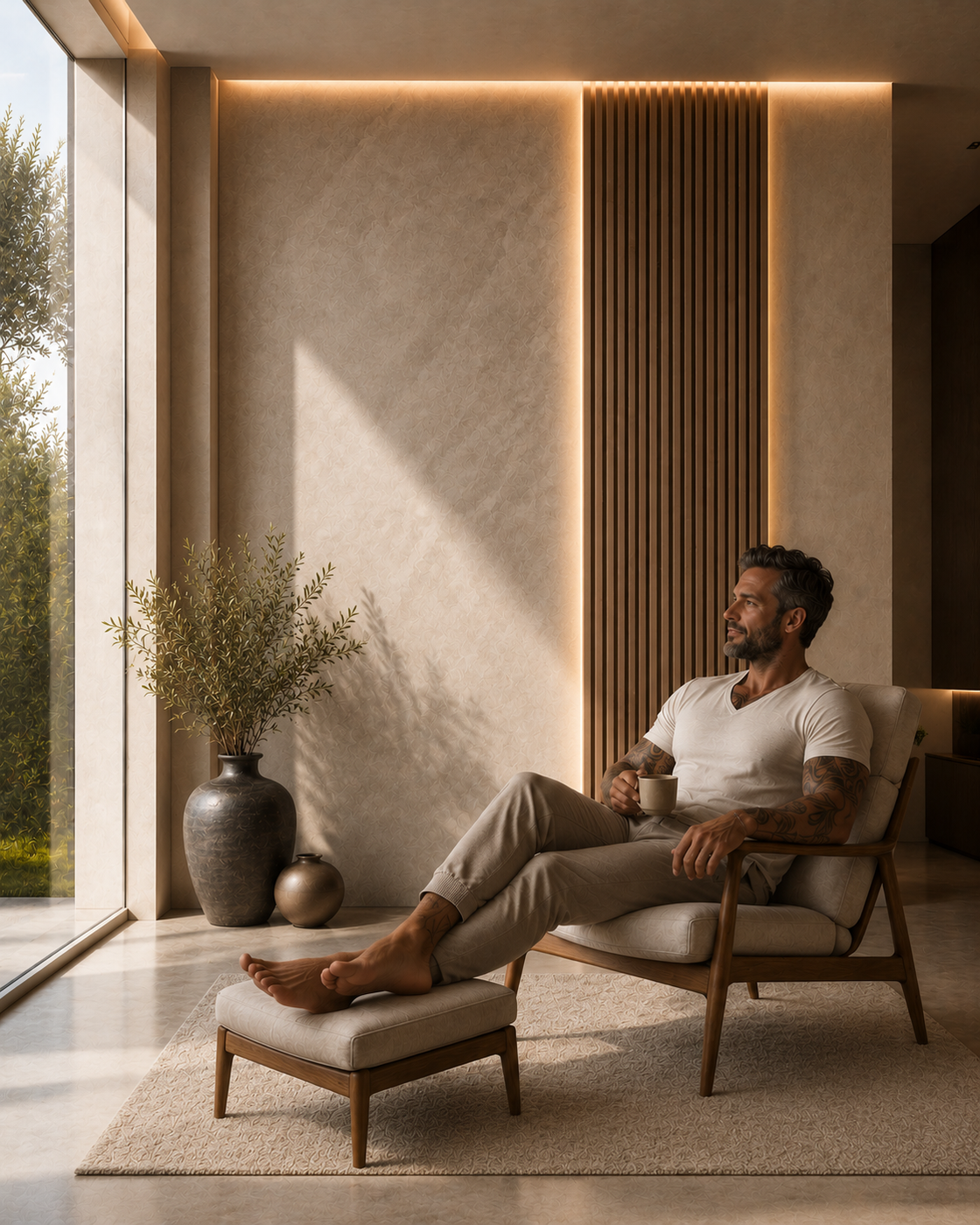 Two installers building a custom mixed-material accent wall with textured panels, dark wood slats, bronze detailing, and integrated lighting while the homeowner observes.