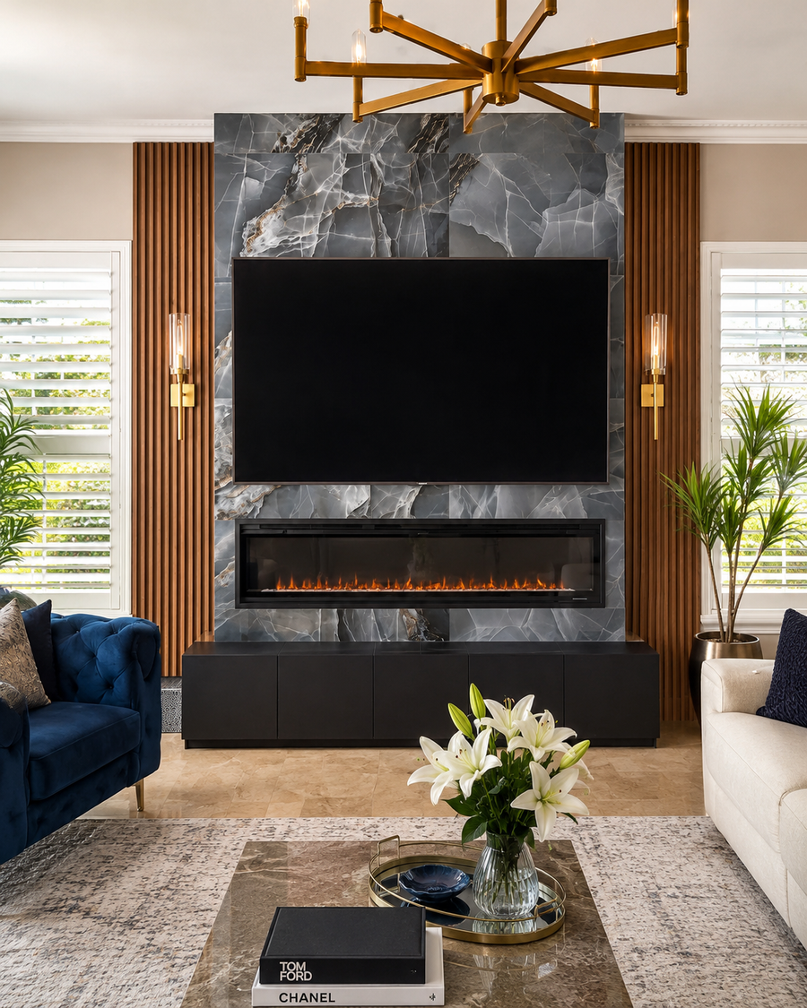 Custom fireplace TV wall in Orlando, Central Florida with gray-blue stone-look tile, fluted wood side panels, a linear electric fireplace, and a black base cabinet.