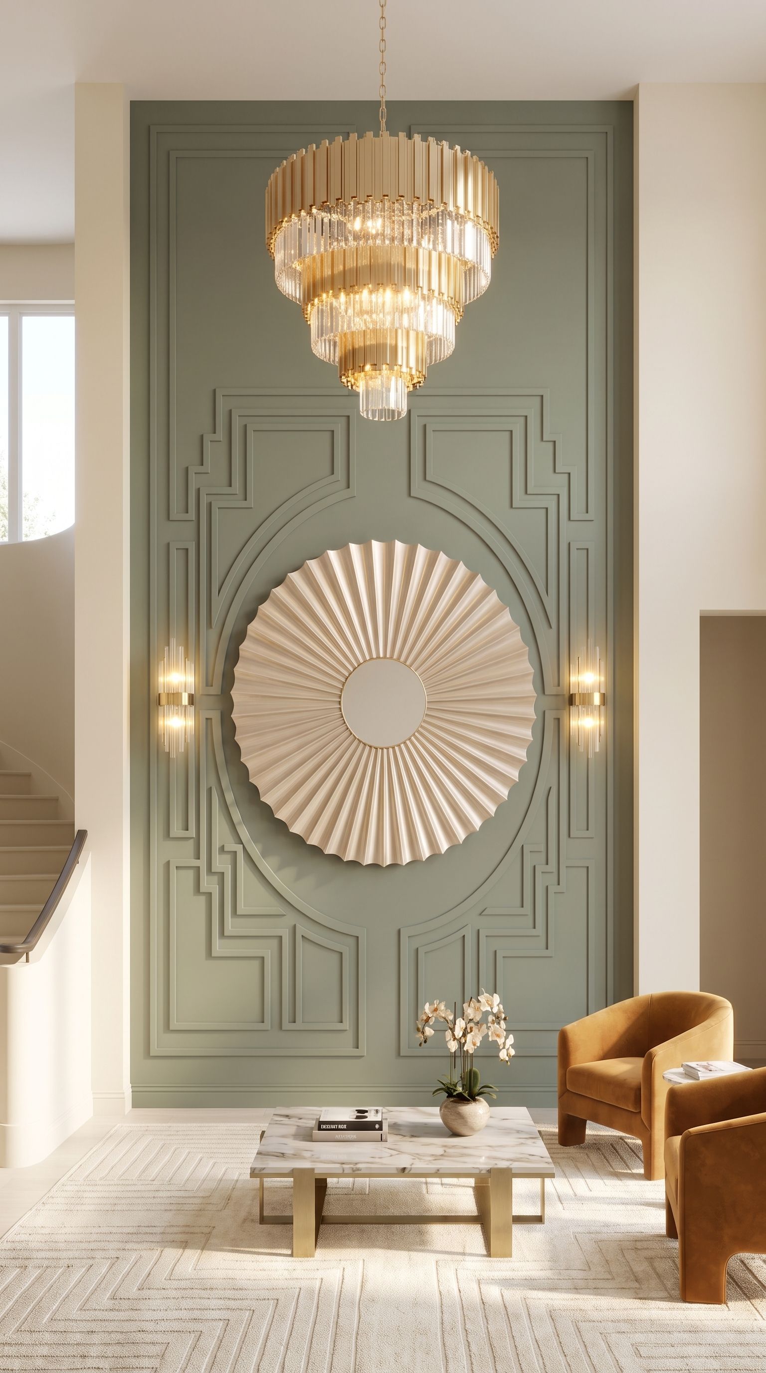 Luxury double-height foyer with a muted sage Art Deco accent wall, large champagne-gold circular wall sculpture, glowing chandelier, curved staircase, amber lounge chairs, and ivory geometric rug.